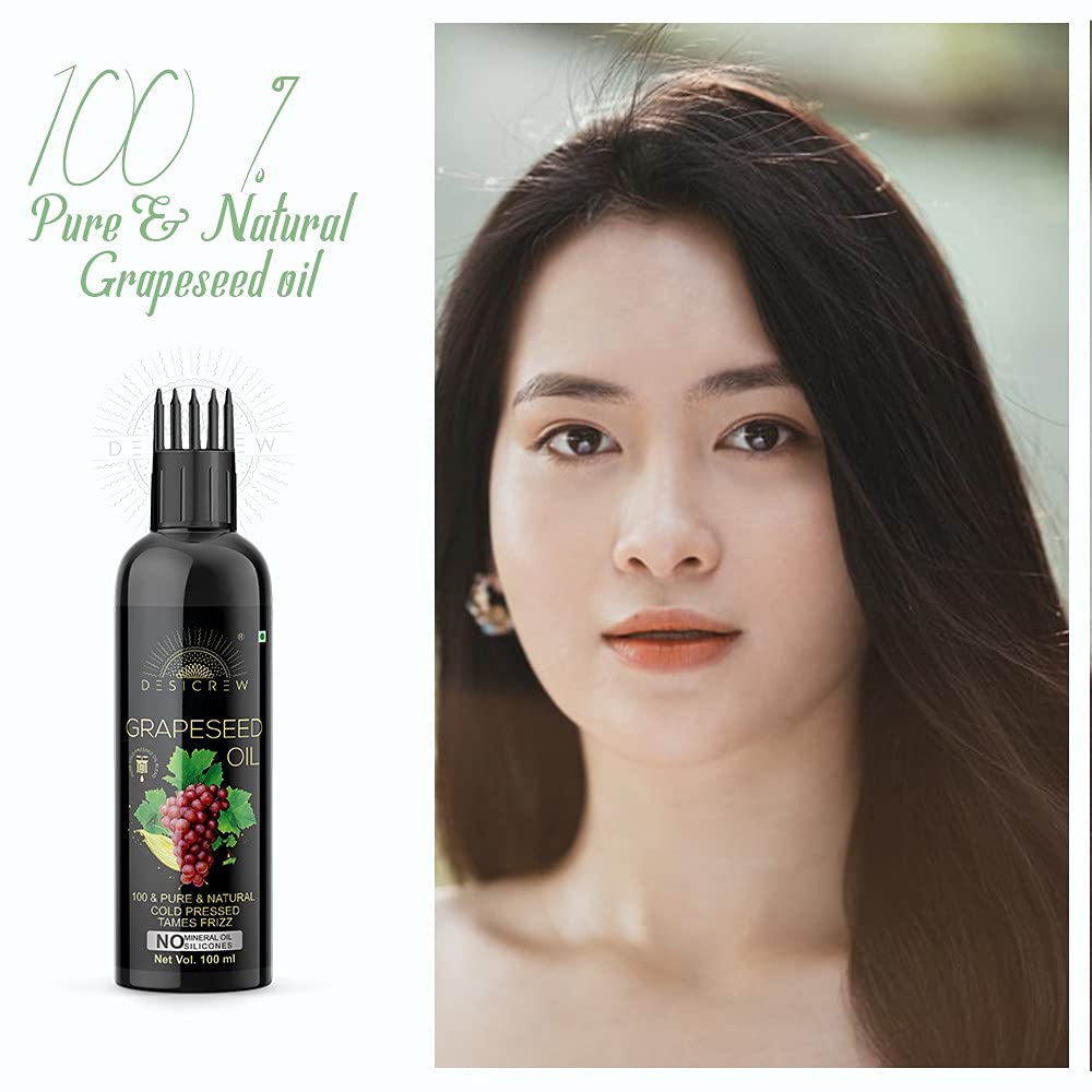 Pure Cold Pressed Grapeseed Oil with Comb Applicator - 100ml - Natural Hair Growth Treatment for Scalp & Skin Care - Promotes Healthy Hair, Nails & Glowing Skin - Perfect for DIY Beauty & Massage Therapy