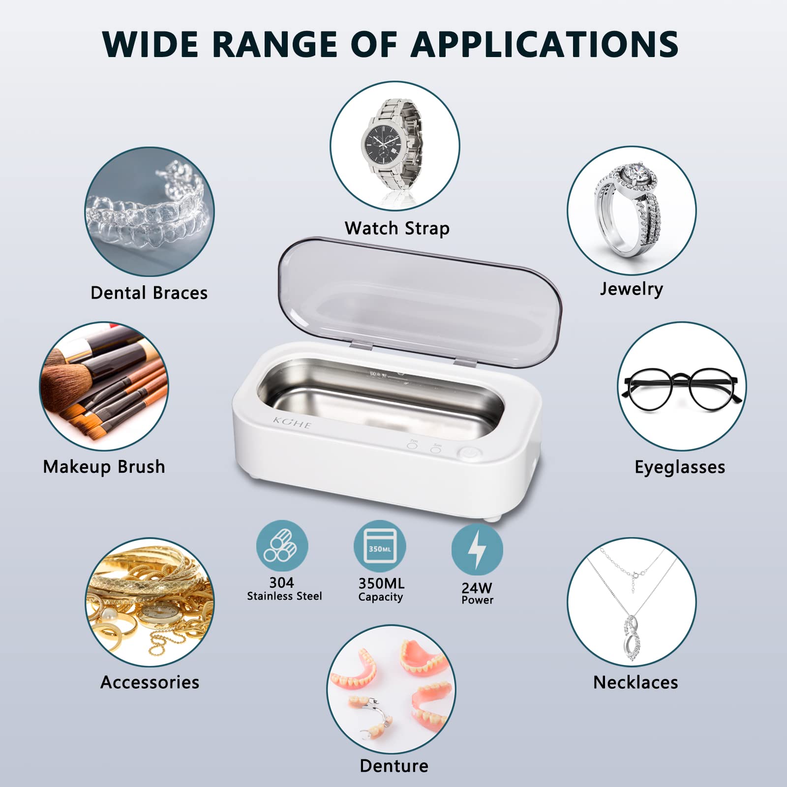 Professional Ultrasonic Jewelry Cleaner Machine - 48Khz Silver Cleaner for Rings, Earrings, Necklaces, Watches, Eyeglasses & Makeup Brushes | 304 Stainless Steel Tank (12OZ) | Perfect for Home, Jewelry Stores & Professional Cleaning Services