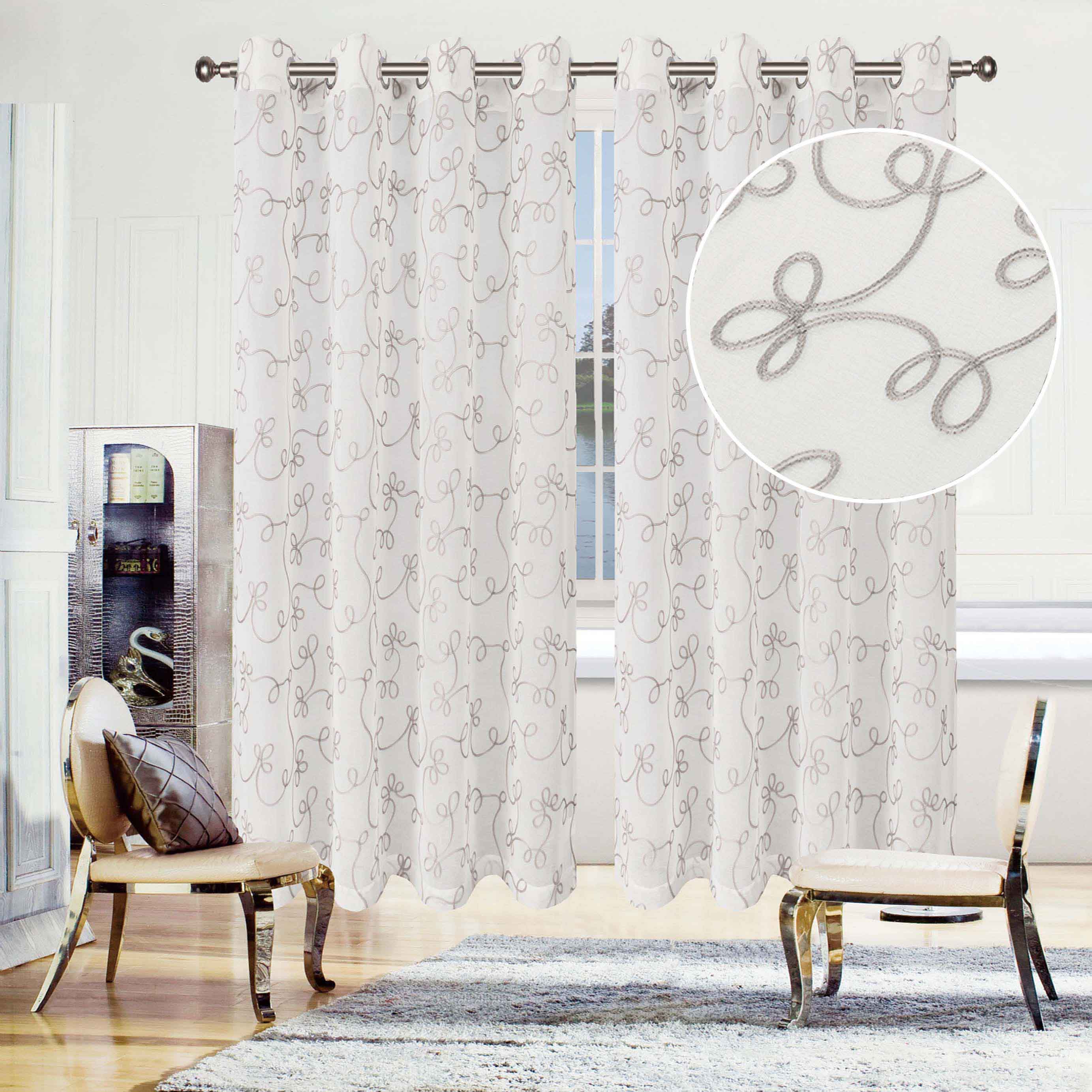 Embroidered Lightweight Sheer Floral Scroll Curtain Panel Set - Elegant Window Treatment for Living Room, Bedroom & Nursery Decor