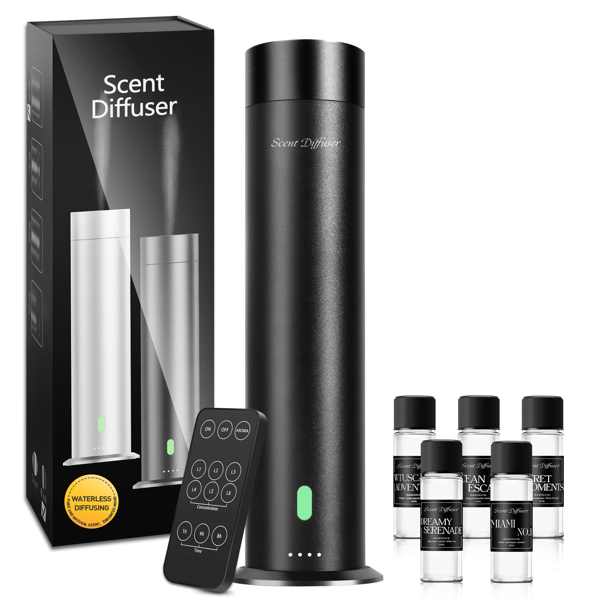 Waterless Scent Diffuser Starter Kit - 800 Sq Ft Coverage, Hotel & Home Aroma Diffuser, Essential Oil Diffuser for Large Rooms, Includes 5 Premium Scent Oils & Remote Control, Black (11.2 Inch) - Perfect for Living Rooms, Bedrooms, Offices & Spa Relaxation