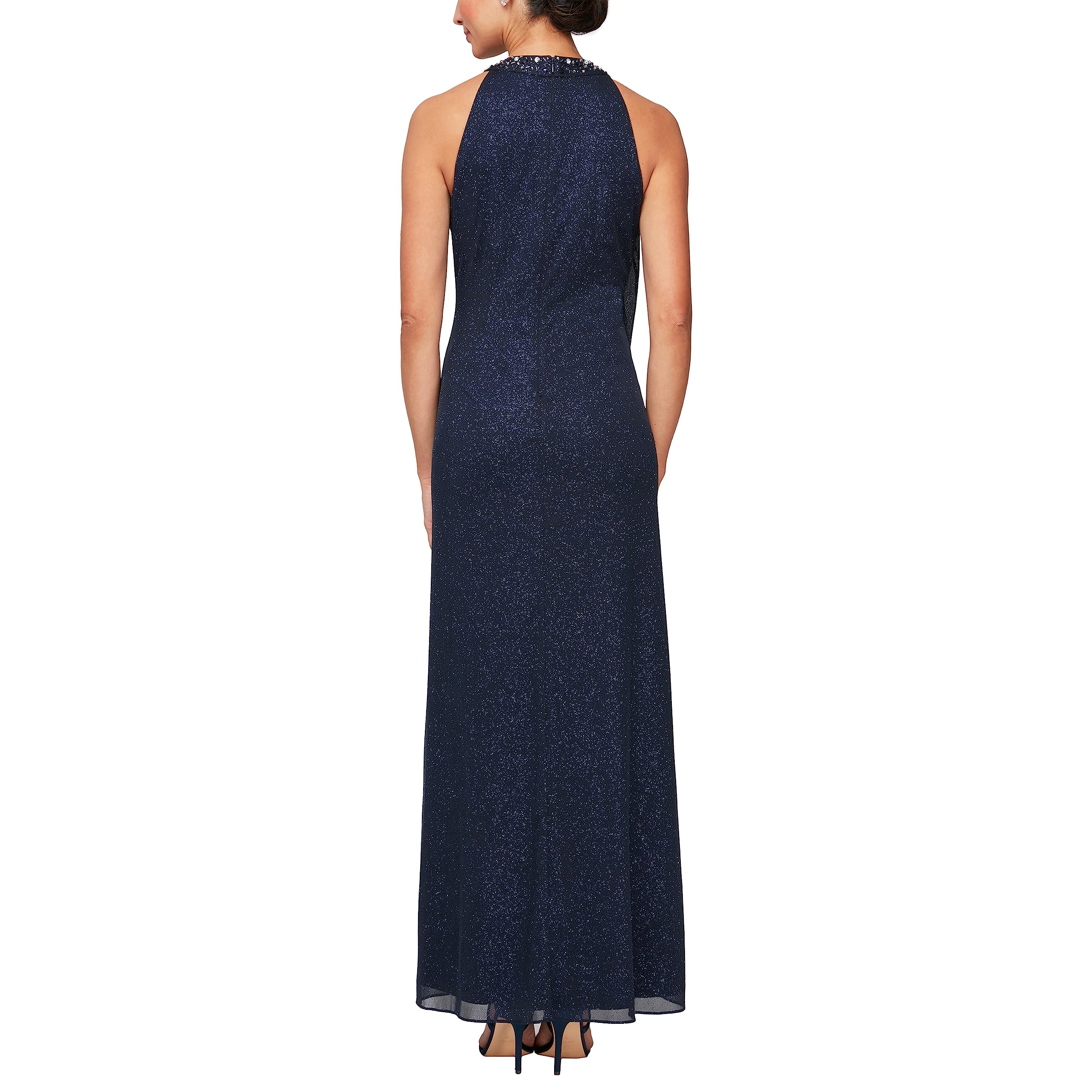 Elegant Long Glitter Mesh Formal Gown with Beaded Halter Neckline - Women's Evening Dress for Wedding Guest, Prom, Gala & Special Occasions