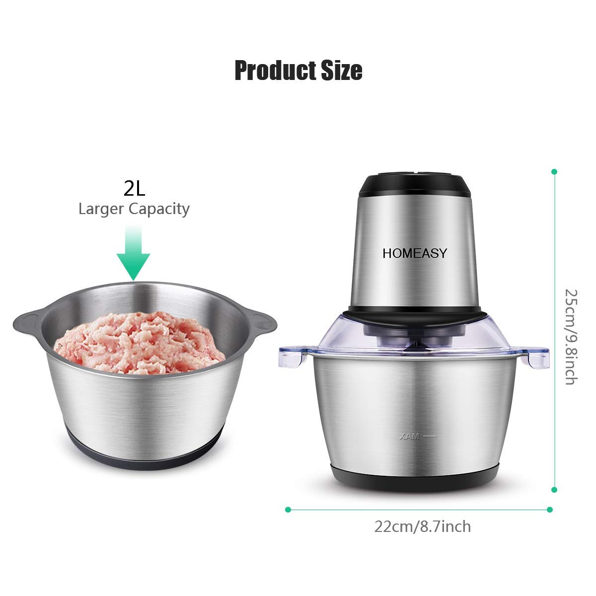 Electric Meat Grinder & Food Processor - 2L Stainless Steel Meat Blender, Vegetable Chopper & Nut Grinder with 4 Sharp Blades (350W, 8 Cups) - Perfect for Home Kitchen, Meal Prep, Baby Food & Smoothies