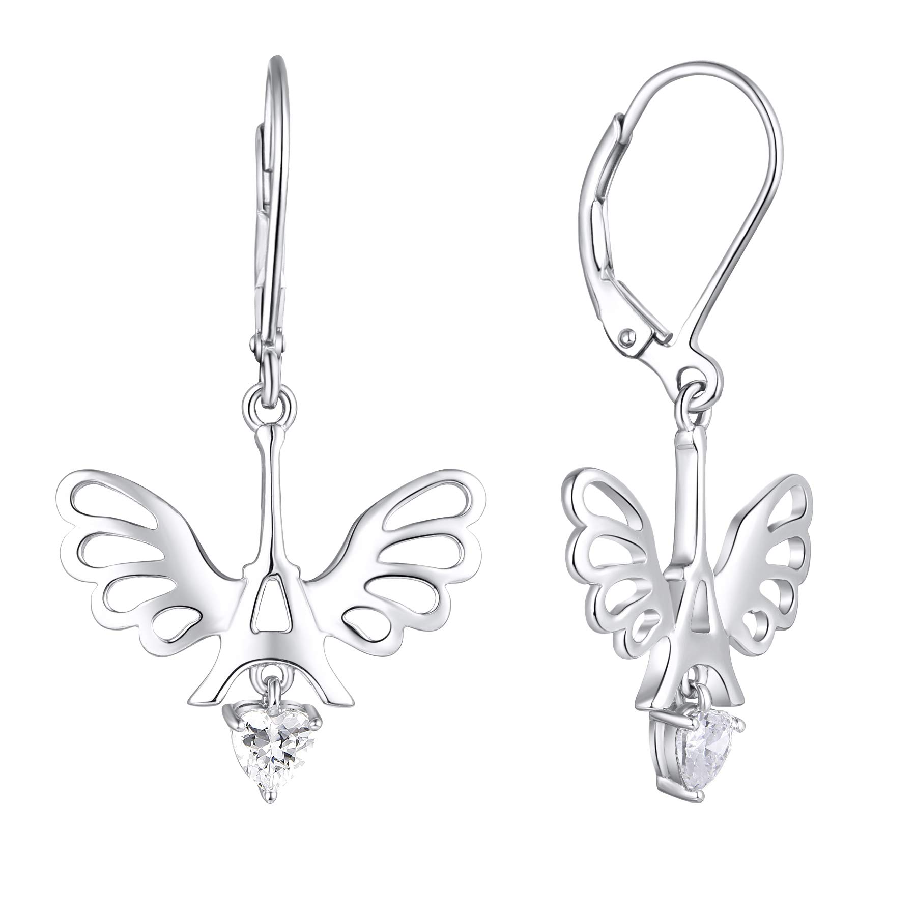 Starchenie Drop Dangle Earrings for Women - 925 Sterling Silver Wing & Eiffel Tower Design with Heart Birthstone - Elegant Jewelry for Parties, Weddings & Everyday Wear