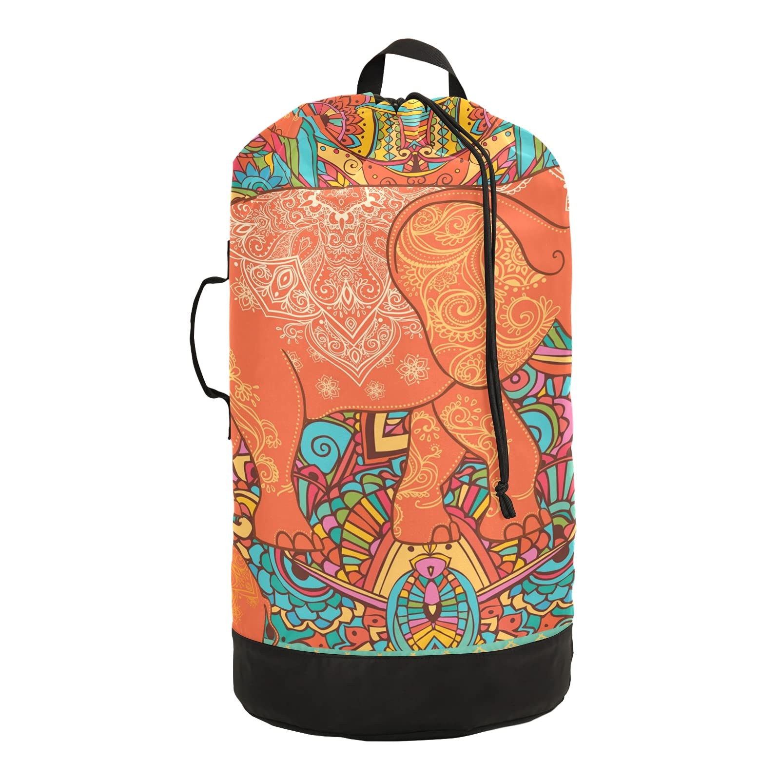 African Tribal Elephant Print Heavy Duty Laundry Backpack with Adjustable Shoulder Straps & Handles - Drawstring Closure Dirty Clothes Organizer for Travel, Dorm, Laundromat & Home Use