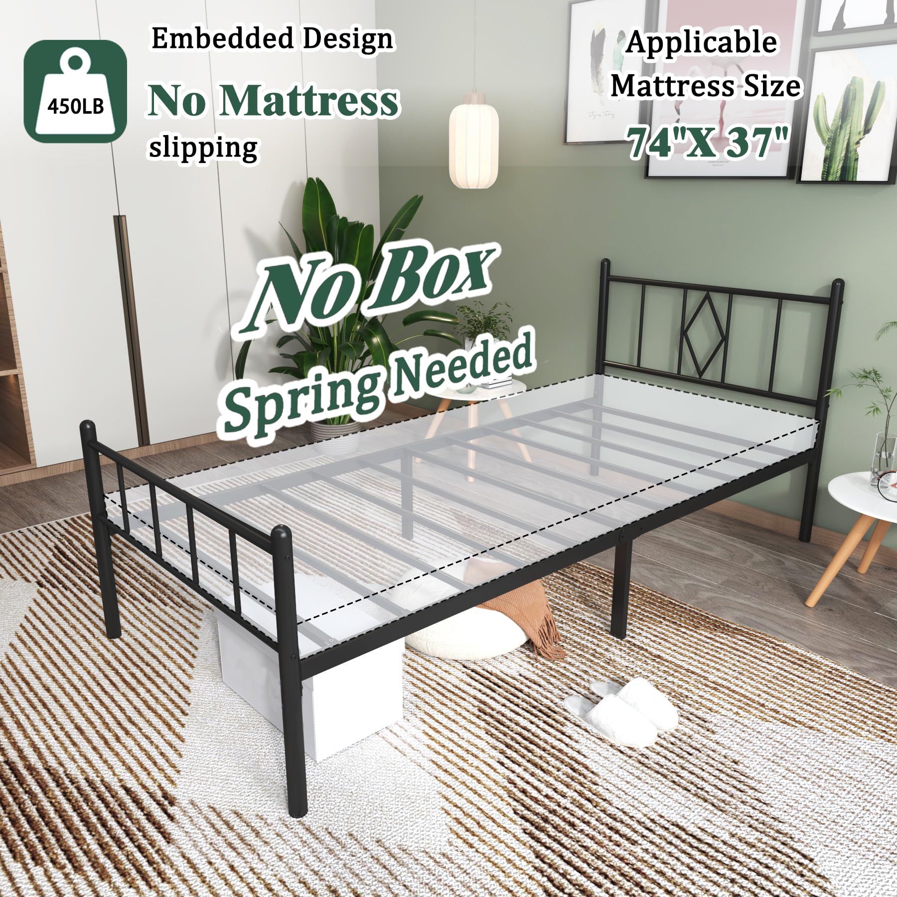 14 Inch Twin Size Bed Frame with Headboard & Footboard - Sturdy Metal Slats, Under Bed Storage, No Box Spring Needed - Quiet & Easy Assembly - Black - Perfect for Kids Rooms, Guest Beds & Small Spaces