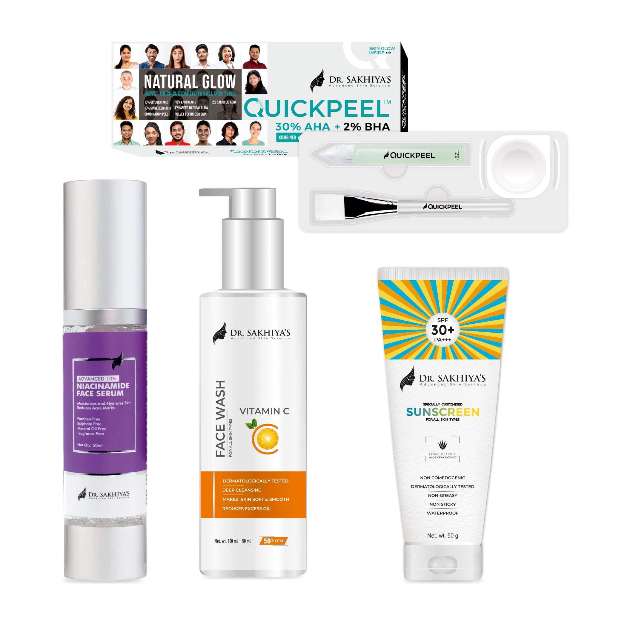 Dr. Sakhiya's Complete Skincare Set - Quickpeel Exfoliator (15ml) + Niacinamide Face Serum (50ml) + Vitamin C Cleanser (150ml) + Aloe Vera Sunscreen (50g) | Hydrating, Brightening & Sun Protection | Paraben-Free, Mineral Oil-Free | Suitable for All Skin Types | Perfect for Daily Skincare Routine & Travel Essentials