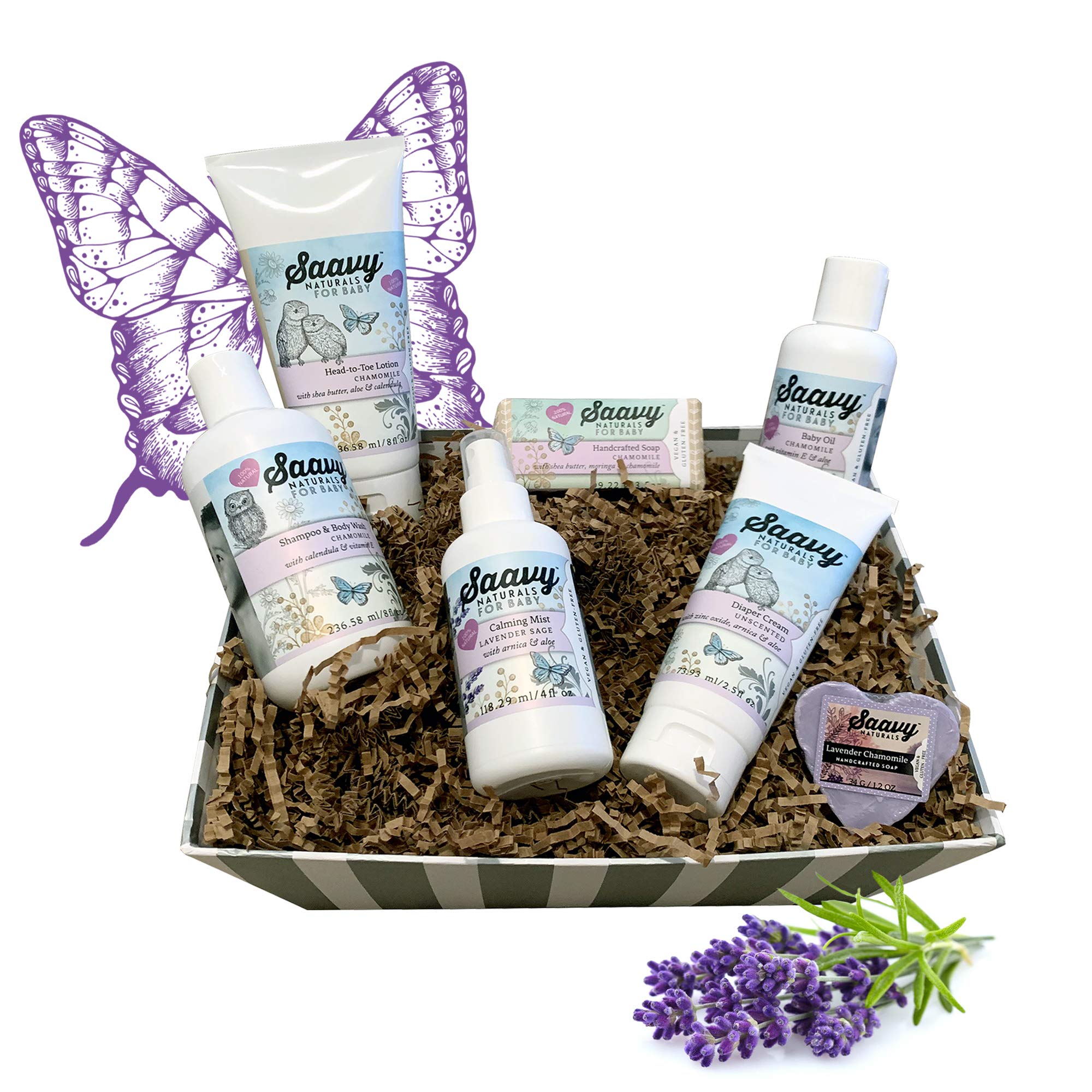 Organic Baby Shower Gift Set - 6-Piece Natural Bath Essentials for Newborns & Infants | Includes Soap Bars, Lotion, Shampoo, Baby Oil, Calming Spray & Diaper Cream | Chamomile Lavender Scented | Perfect New Mom Care Package & Baptism Present