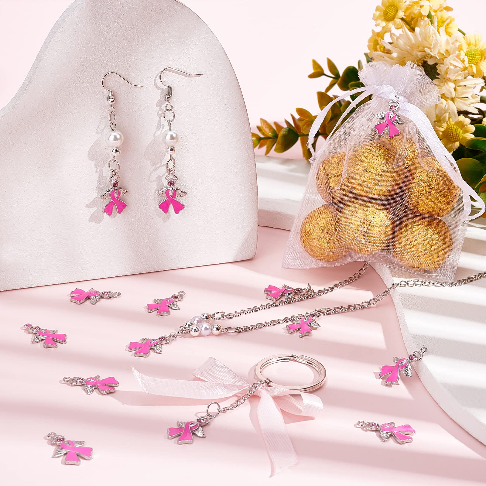 20PCS Pink Ribbon Charms with Angel Wings - Breast Cancer Awareness Jewelry Supplies for Necklace, Bracelet, Lapel Pin Making - Perfect for Fundraising Events, Support Gifts & Craft Projects