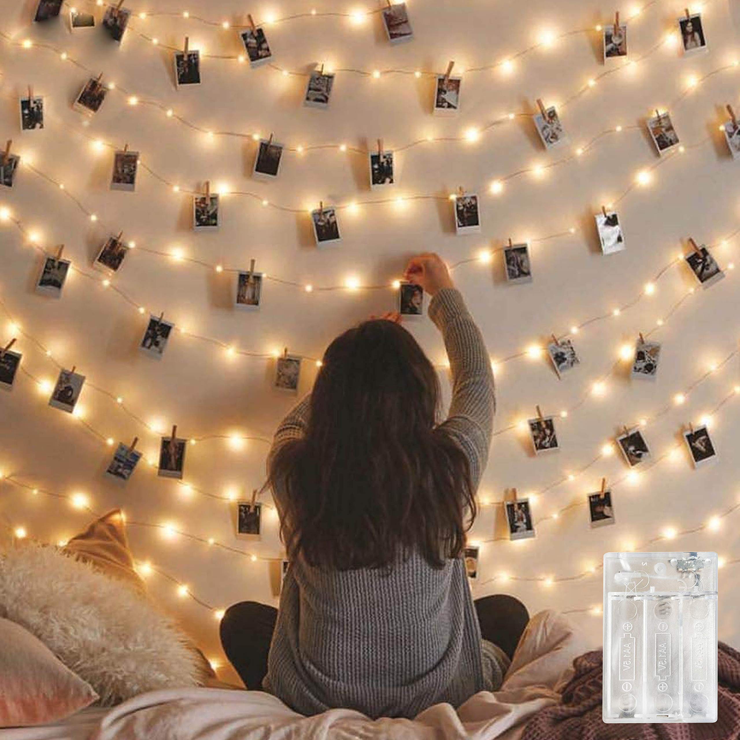 100 LED Battery Powered Fairy String Lights with 50 Clear Clips - Silver Wire Photo Clip Lights for Wall Decor, Wedding, Christmas Party & Home Decoration | Perfect for Bedroom, Living Room, Nursery & Outdoor Events