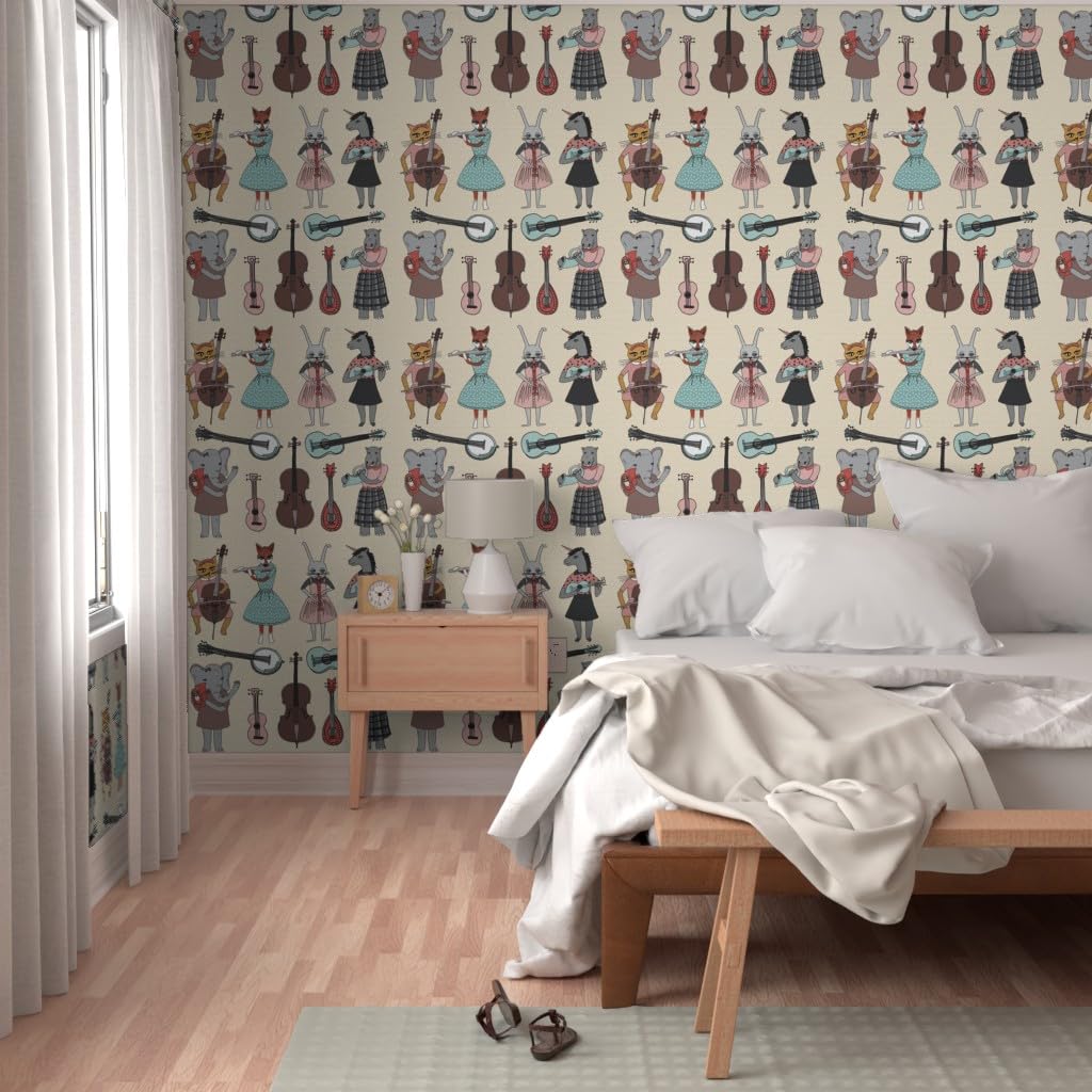 12ft x 2ft Peel and Stick Removable Wallpaper - Animal Band Music Instrument Nursery Decor | Custom Baby Room Wallpaper by Spoonflower | Perfect for Kids' Bedrooms, Playrooms & Nursery Walls