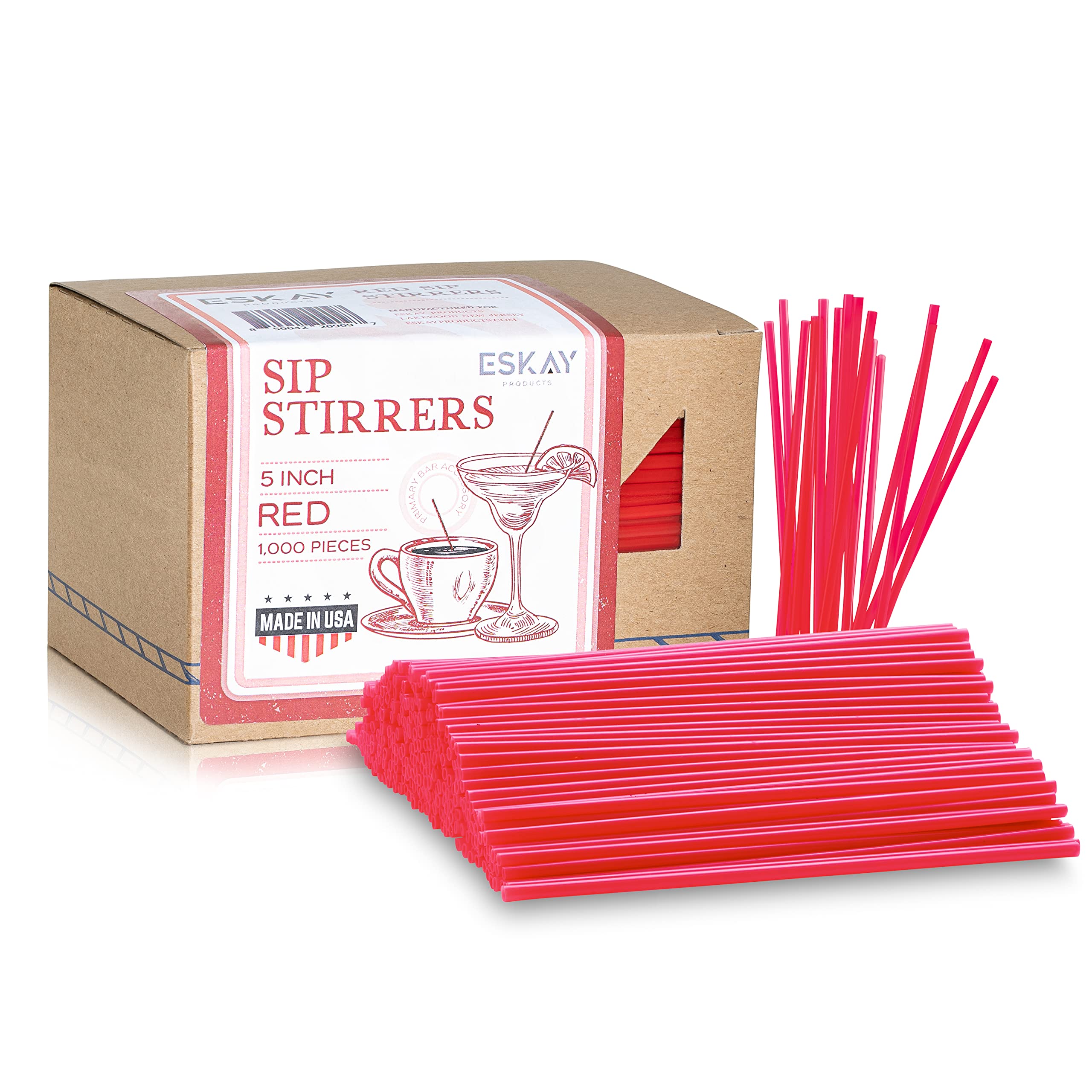 1000 Plastic Coffee Stirrers - 5 Inch Disposable Cocktail Straws & Stir Sticks for Coffee Bars, Restaurants, and Home Use - Made in USA (Red) - Perfect for Hot/Cold Beverages, Smoothies, and Party Drinks