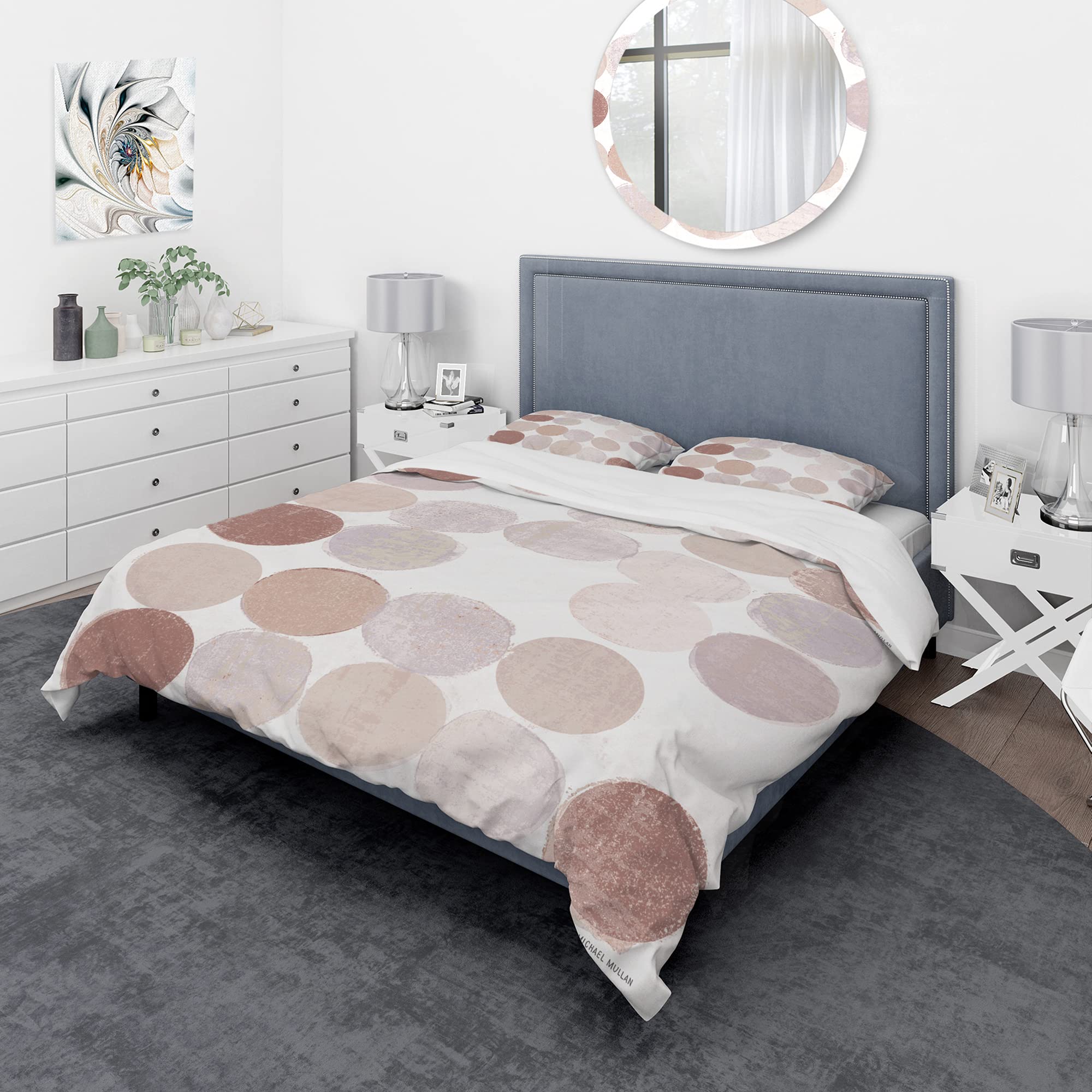 DesignQ Pink Geometric Dots Duvet Cover Set Queen - 3 Piece Abstract Bedding in Beige | All Season Traditional Comforter Cover for Master Bedroom & Guest Room Decor