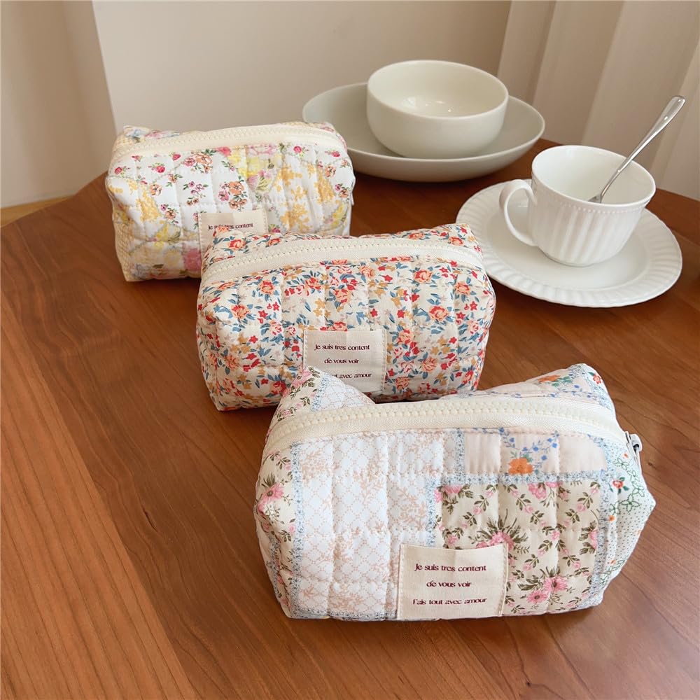 Floral Makeup Bag Small Cotton Quilted Cosmetic Pouch - Aesthetic Preppy Travel Organizer for Women & Girls | Perfect for Toiletries, Makeup Storage & Travel Accessories (Blue Floral, Small)