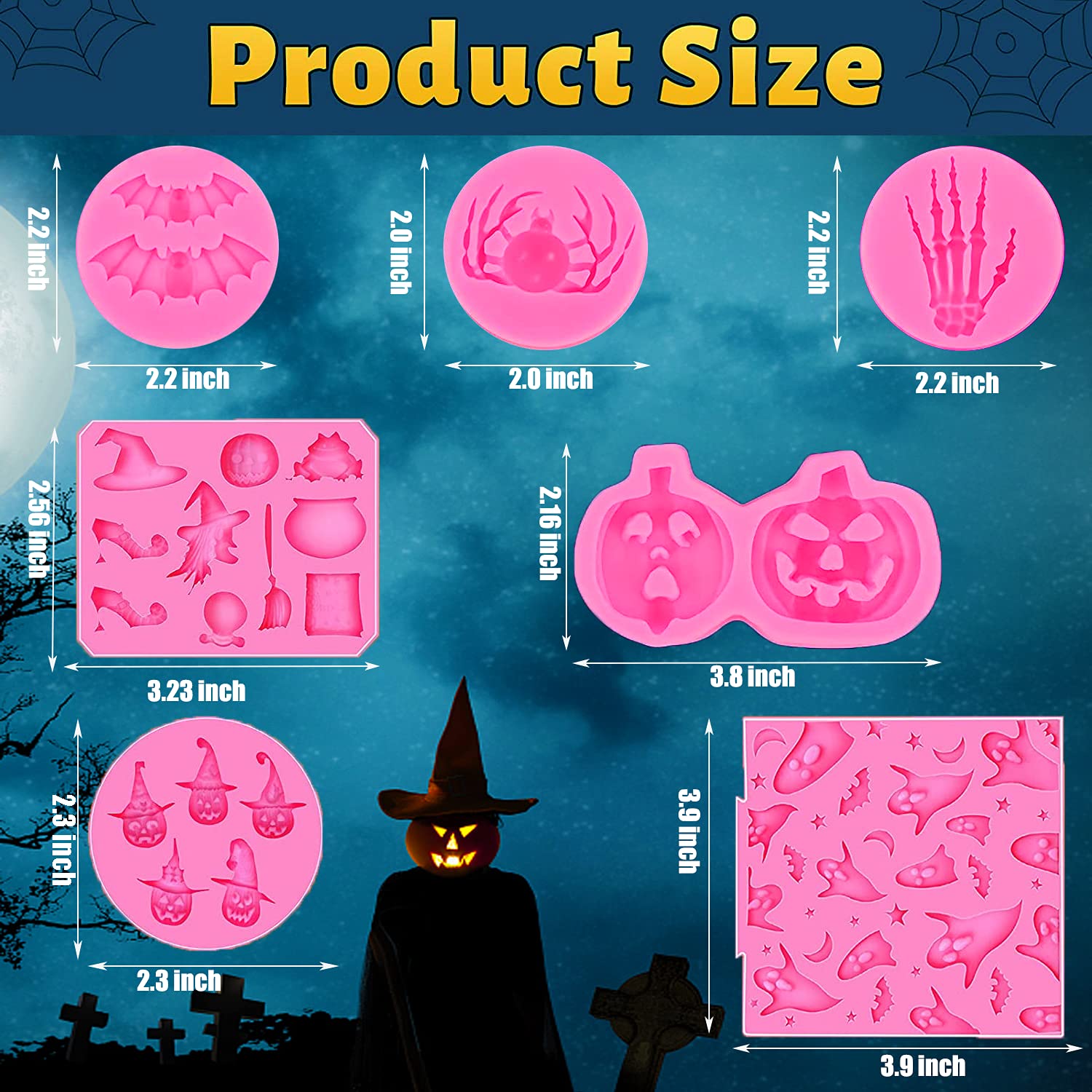 7 Pcs Halloween Fondant Molds Set - Mini Silicone Baking Molds for Chocolate, Candy, Polymer Clay (Skeleton Hand, Skull, Pumpkin, Spider, Ghost, Witch) - Perfect for Halloween Party Cupcake Decorations & DIY Crafts