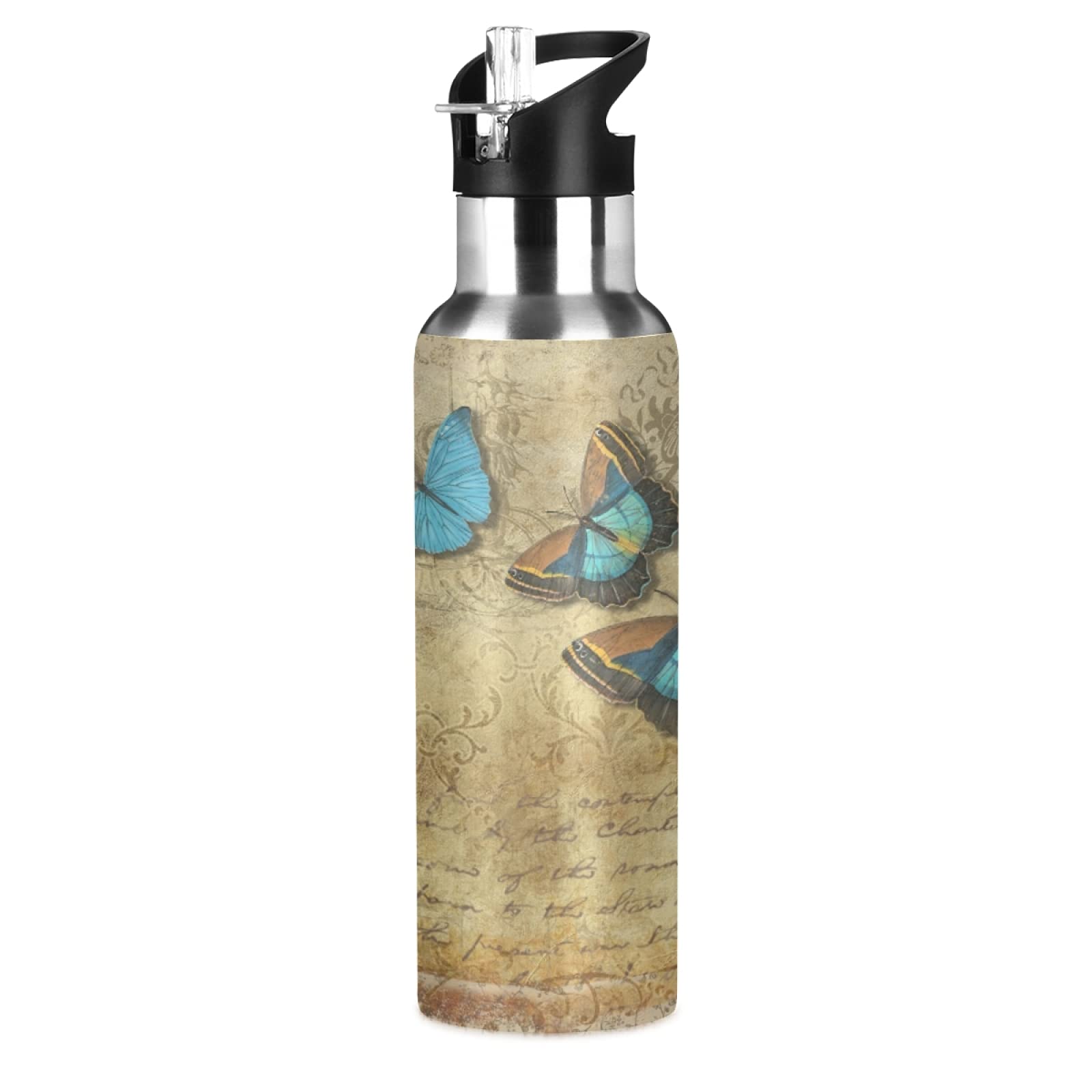 Butterfly Animal Sports Water Bottle with Straw - Insulated Stainless Steel Vacuum Flask for Hot & Cold Drinks - Leakproof Travel Water Bottle for Kids & Adults - Perfect for Hiking, Gym, School & Outdoor Activities