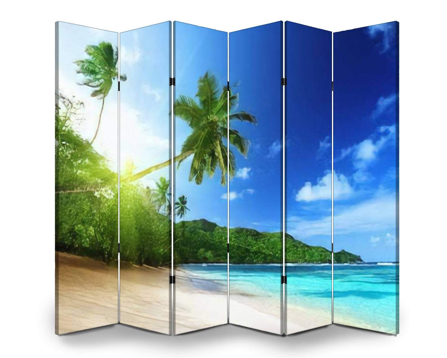 APED DECOR 6-Panel Wooden Room Divider with Sunset Beach Canvas - Folding Privacy Screen for Indoor Spaces, Dual-Sided Wall Partition & Display Shelf | Perfect for Living Rooms, Bedrooms, Offices, and Studio Decor