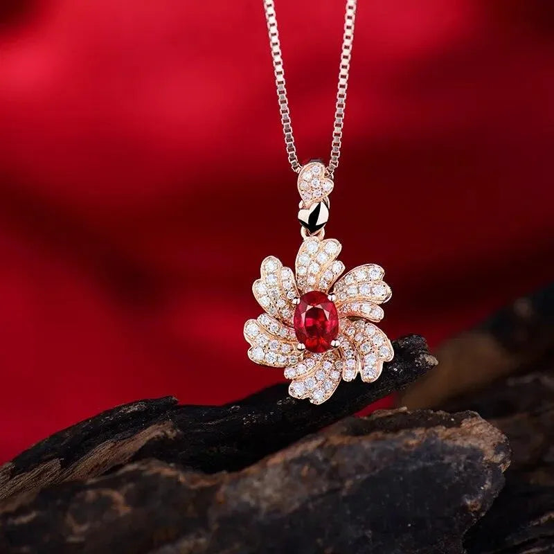 14K Rose Gold Oval Cut Natural Diamond & Ruby Pendant Necklace - Elegant Jewelry Gift for Women, Anniversary, Valentine's Day | WP060