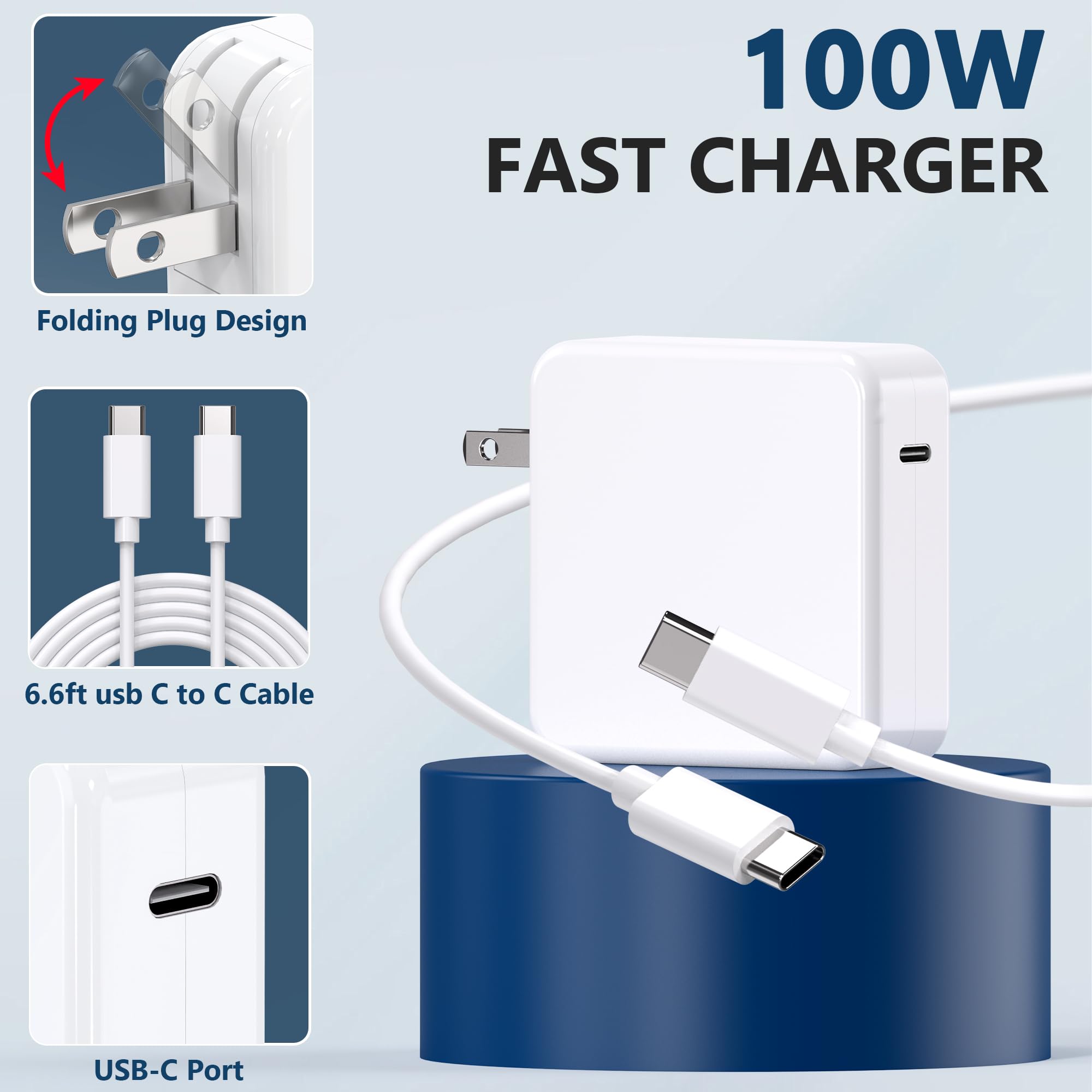 100W USB C Fast Charger for MacBook Pro 16/15/14/13 Inch & MacBook Air 13 Inch | PD 3.0 Power Adapter Compatible with iPad Pro 2021-2018 | Compact Travel Laptop Charger for Home, Office & Coffee Shop Use