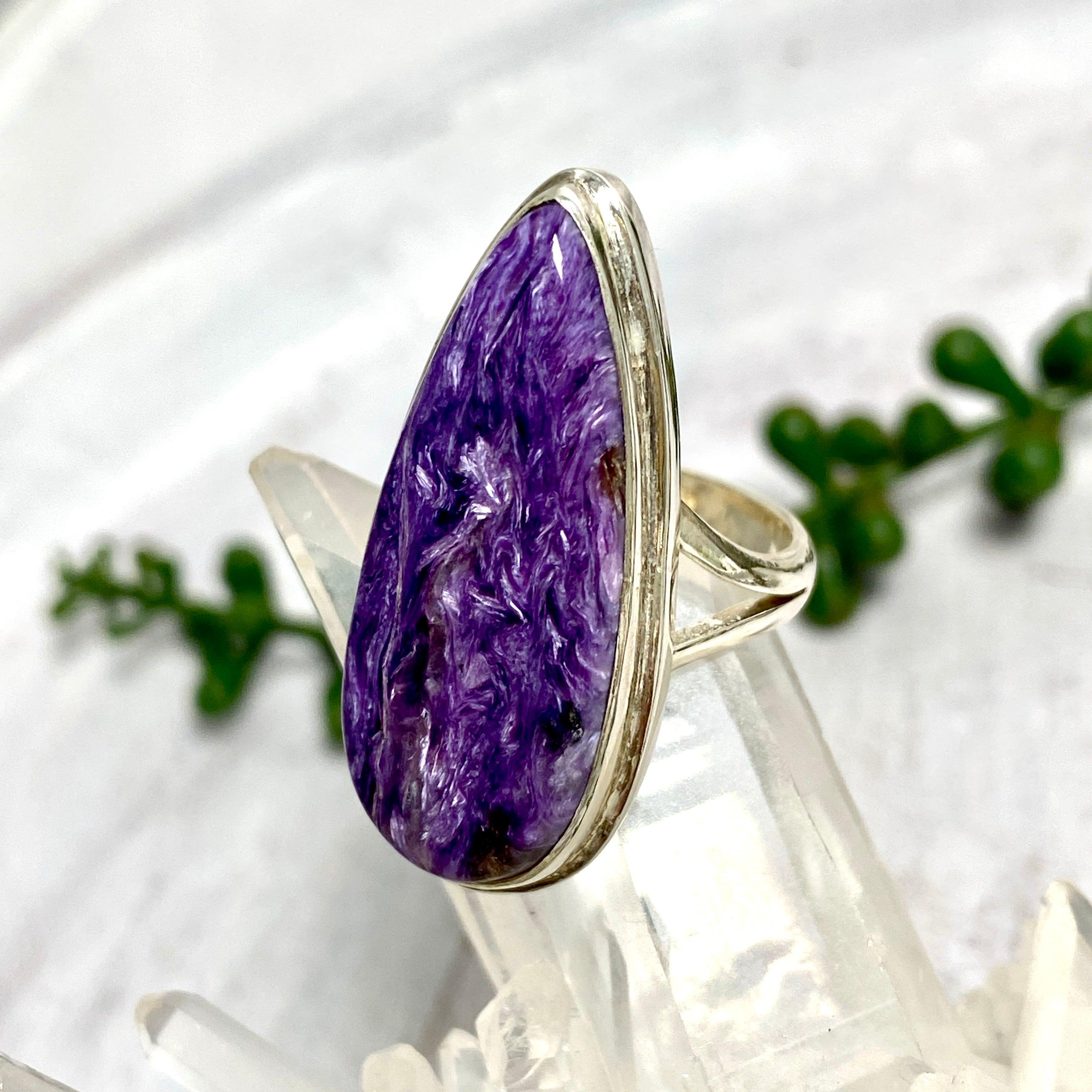 Charoite Teardrop Ring - Size 8 - KRGJ2078 - Elegant Purple Gemstone Jewelry for Women, Perfect for Weddings, Parties & Special Occasions