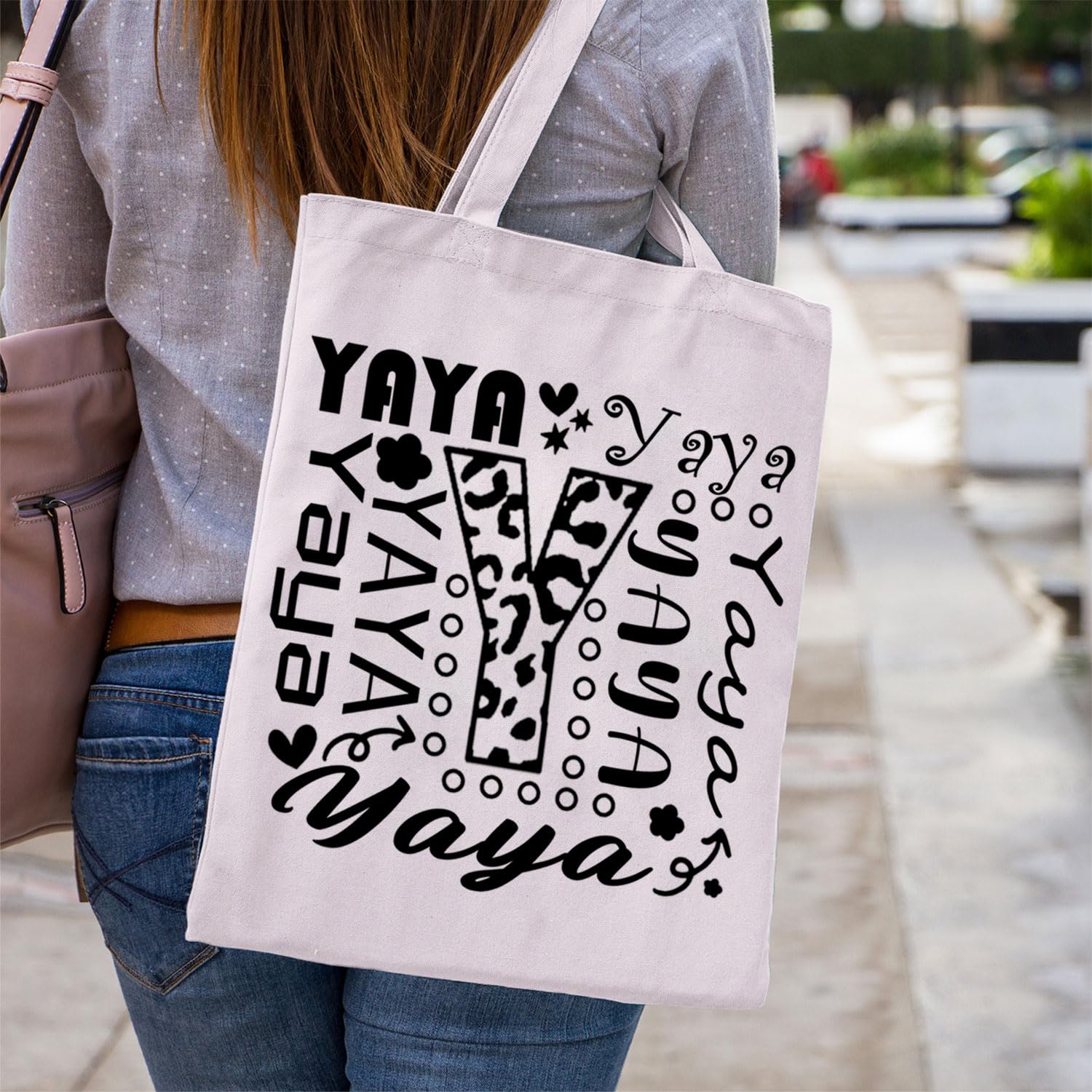 WCGXKO Yaya Typography Canvas Tote Bag - Stylish Reusable Shopping Bag for Grandma, Perfect for Travel, Grocery & Daily Use
