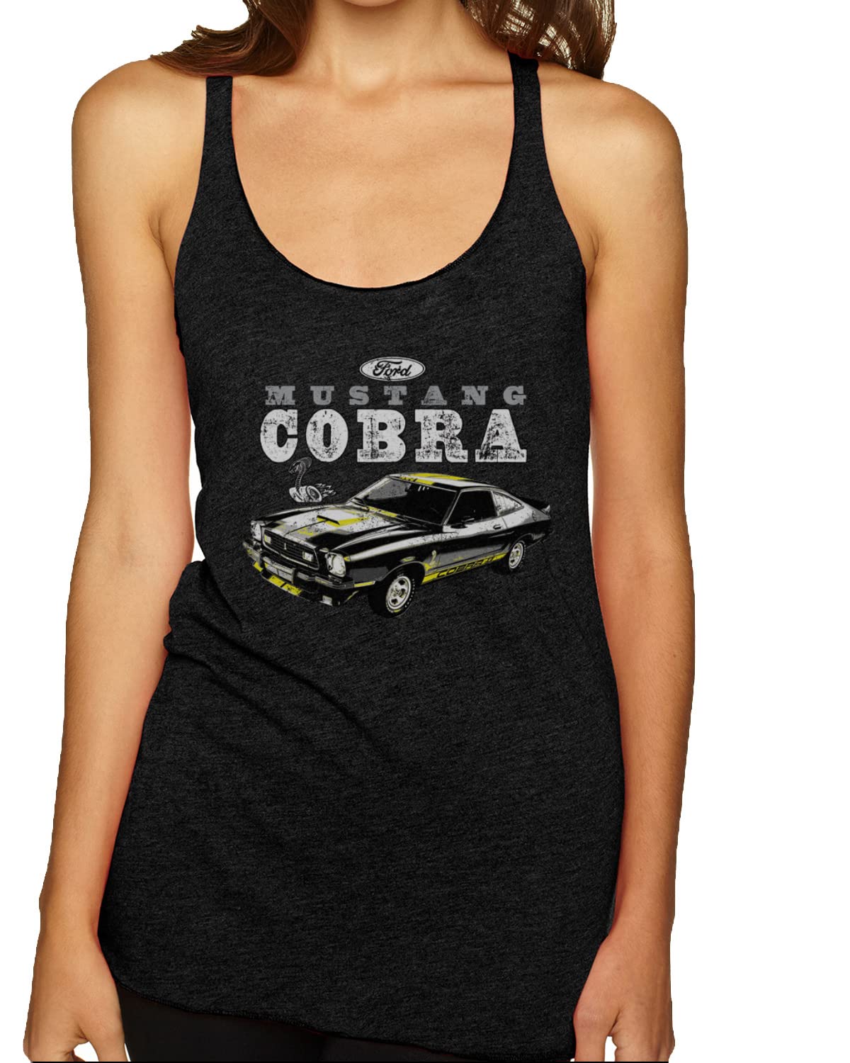 Ford Mustang Cobra Black & Yellow Tri-Blend Racerback Tank Top - Muscle Car Enthusiast Apparel for Car Shows & Racing Events