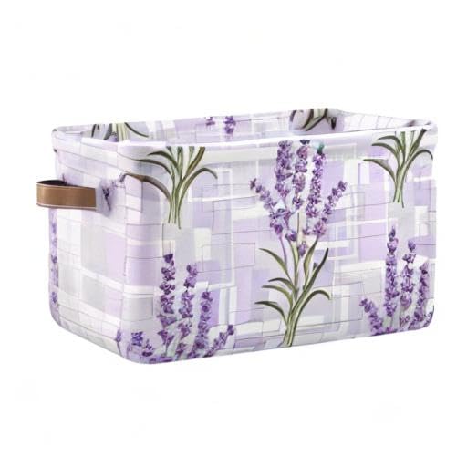 Purple Lavender Floral Foldable Storage Bin with Handles - Collapsible Fabric Storage Basket Cube for Organizing Toys, Nursery, Shelf, Closet, Bedroom & Office - Perfect for Home Organization & Space Saving (1PC)