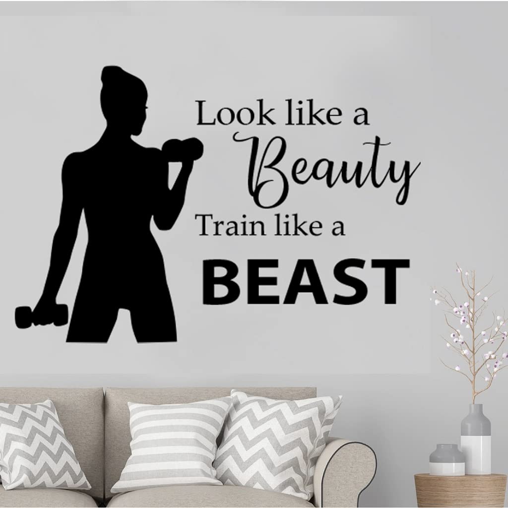 Fitness Motivational Vinyl Wall Decal - 'Look Like A Beauty Train Like A Beast' Gym Quote Sticker for Home, Office & Bedroom - Workout Inspiration Art Decor (Design 6) | Perfect for Gym Walls, Home Workout Spaces & Fitness Studios