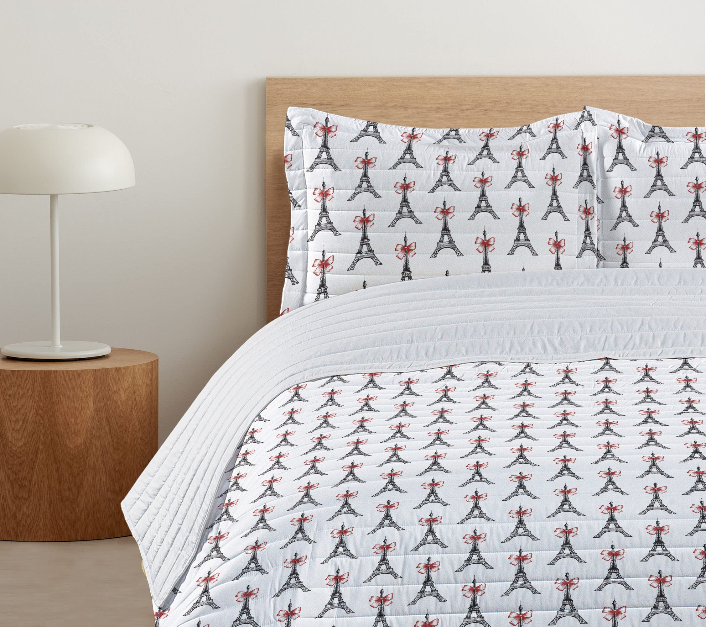 Ambesonne Eiffel Tower Microfiber Bedspread Set - Parisian Sketch Art Design with Bowties, Queen Size Soft Bedding Set Includes Comforter & Pillow Shams in Ruby Black White | Perfect for Paris-Themed Bedrooms, Travel Enthusiasts & Home Decor