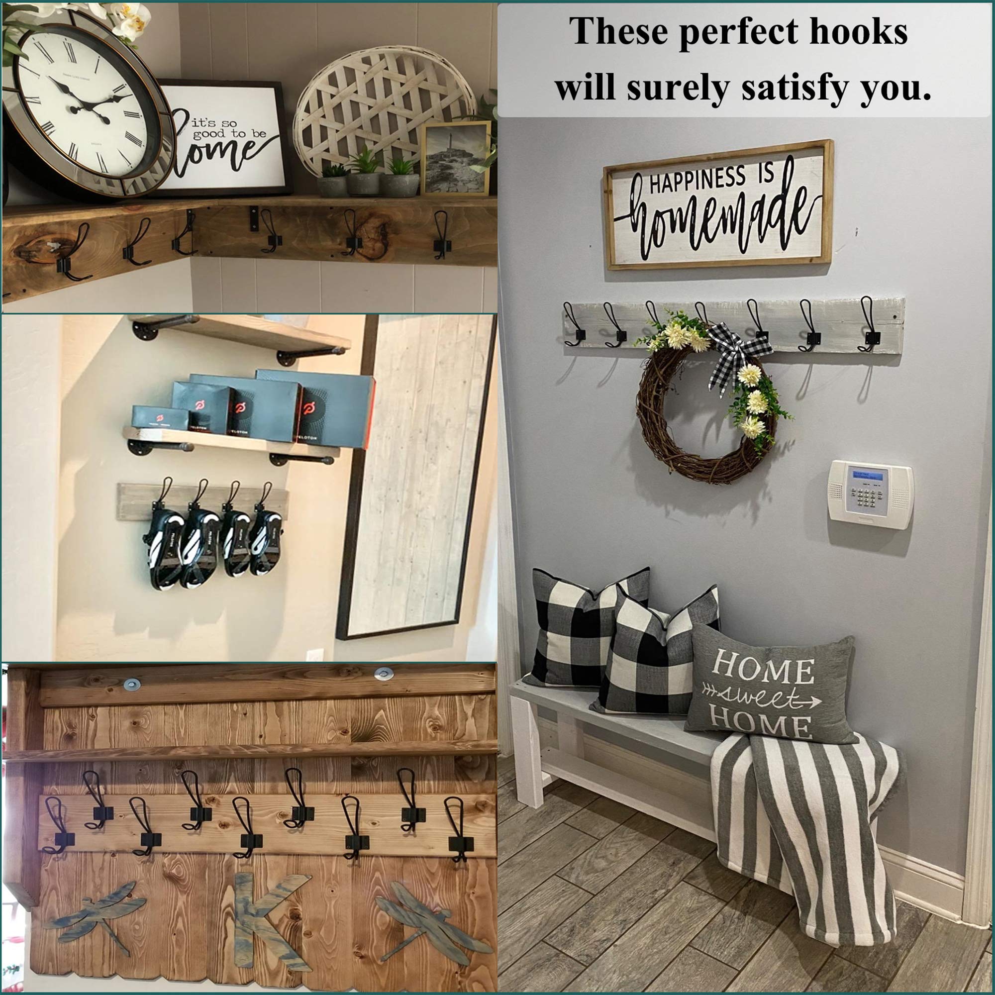 Rustic Farmhouse Wall Hooks - 12 Pack Black Vintage Coat Hooks with Metal Screws, Double Hanging Organizer for Entryway, Bedroom & Bathroom - Perfect for Coats, Hats, Bags & Towels
