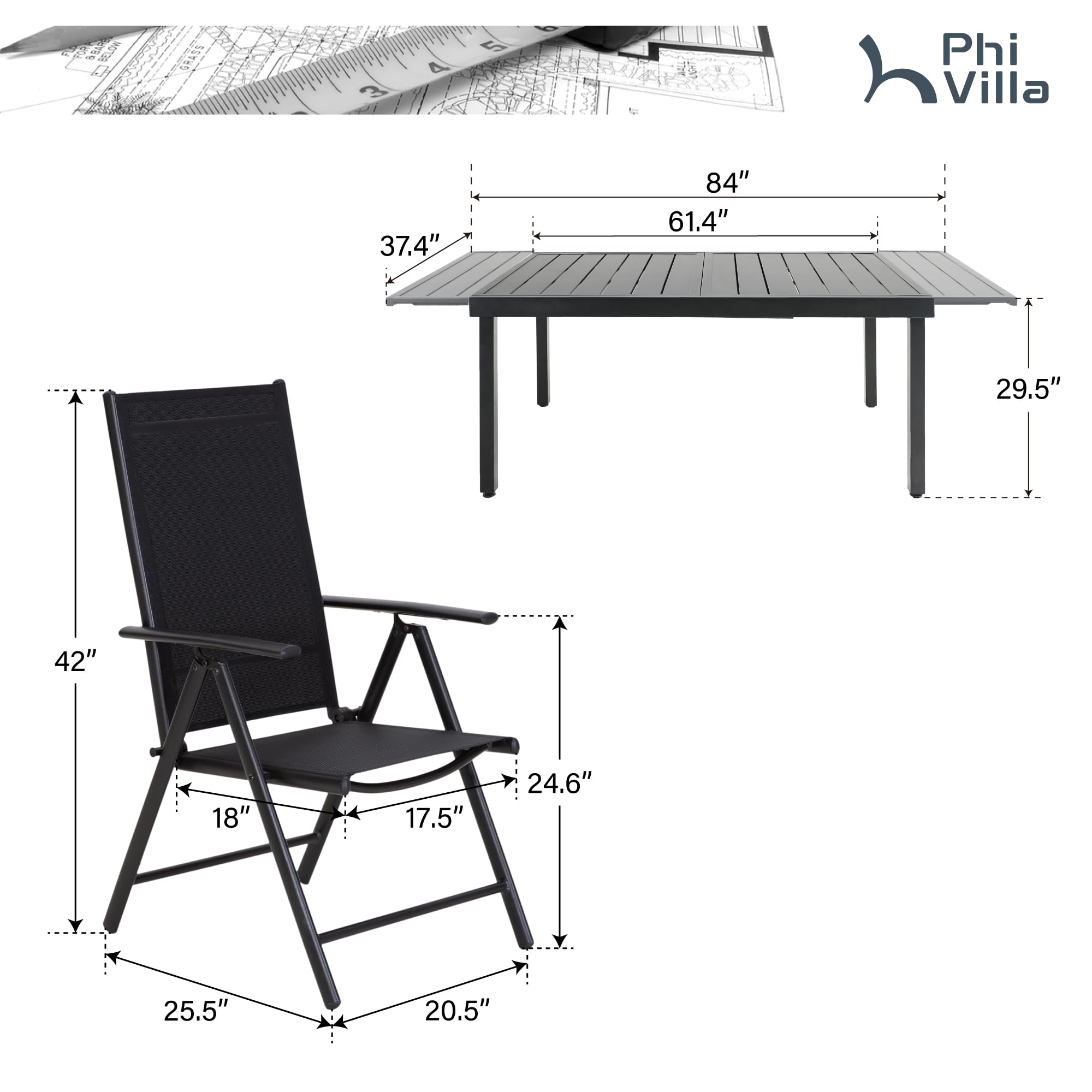 PHI VILLA 8-Piece Outdoor Dining Set - Adjustable Foldable Patio Chairs & Steel Table for Garden, Yard, Deck - Perfect for Backyard BBQs, Poolside Gatherings & Outdoor Entertaining (Black)