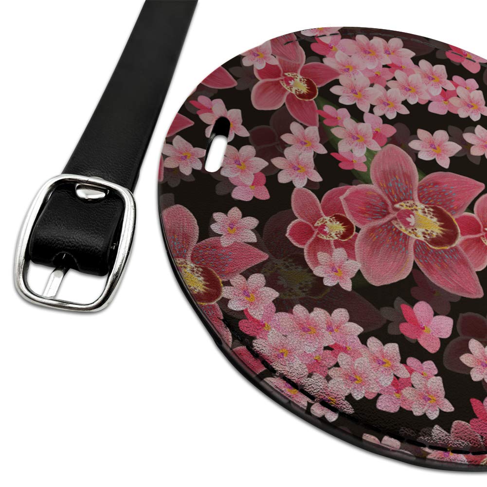 Stylish Round Leather Luggage Tag for Suitcases & Carry-Ons - Personalized ID Tag with Beautiful Orchid Design | Perfect for Travel, Business Trips & Gift Giving