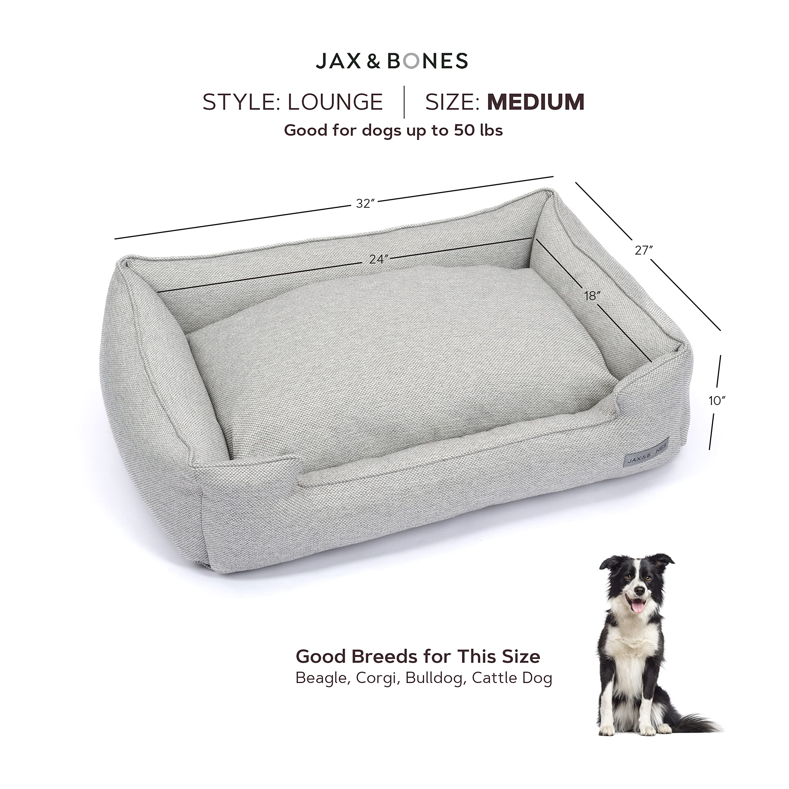 Jax & Bones Machine Washable Dog Bed with Heavy Duty Bolstered Sides - Medium Grey Pet Mat (32