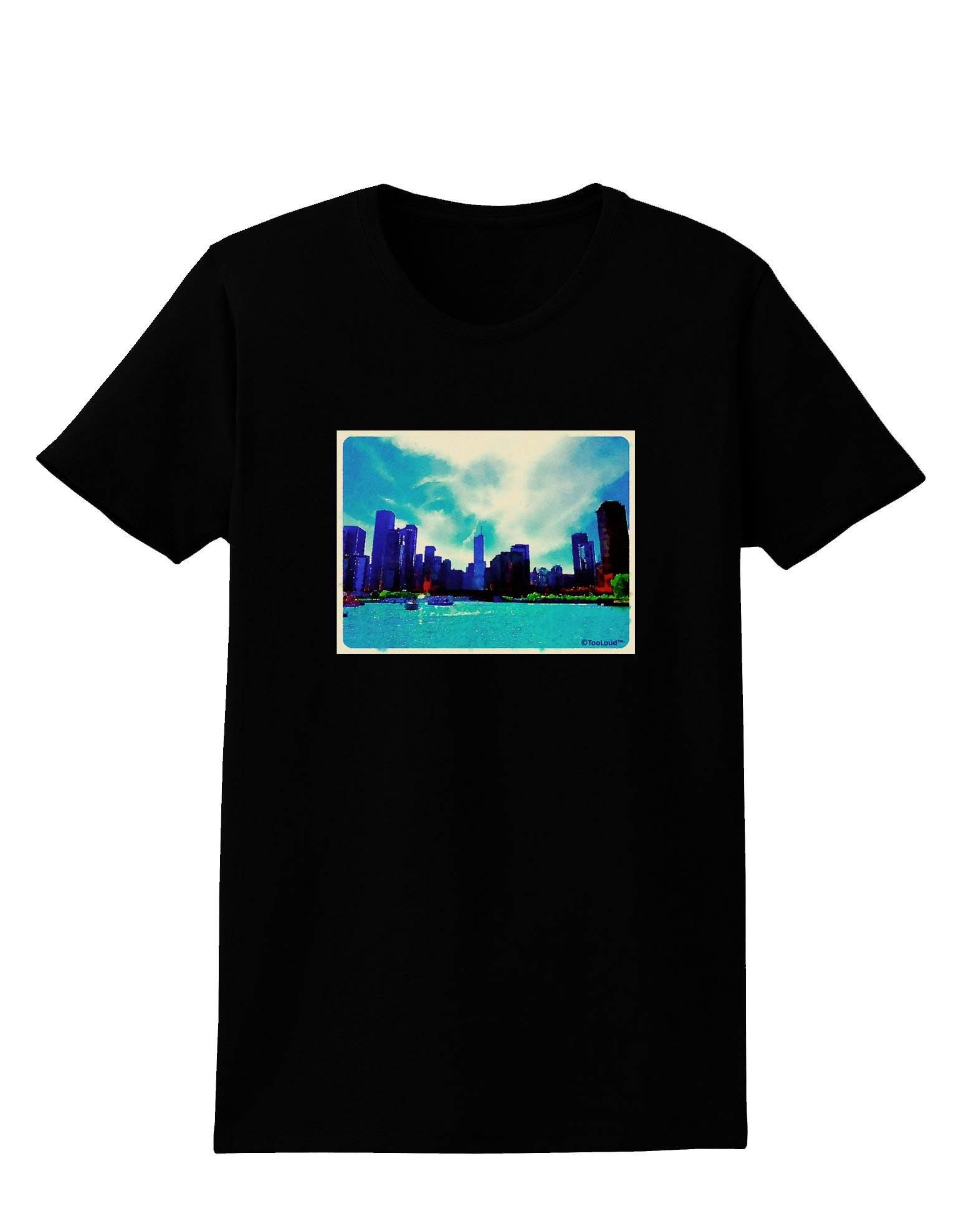 TooLoud Chicago Skyline Watercolor Women's Dark T-Shirt | Artistic Graphic Tee for Casual Wear, Street Style & Urban Fashion
