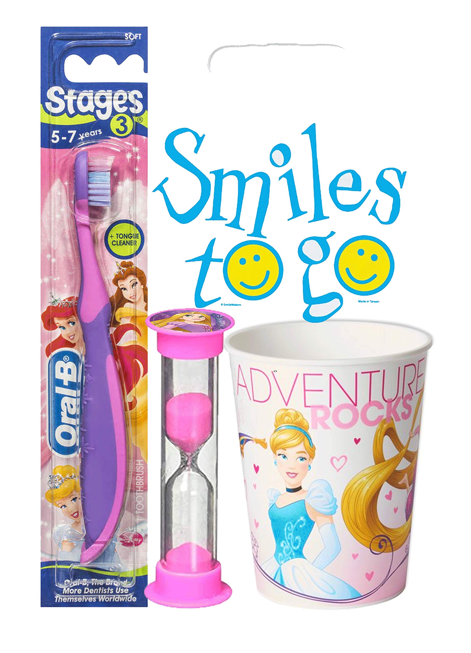 Princess 3-Piece Oral Care Set - Soft Manual Toothbrush, 2-Minute Timer & Mouthwash Cup with Dental Gift Bag & Tooth Saver Necklace | Perfect for Kids' Dental Hygiene, Birthday Gifts & Tooth Fairy Keepsakes