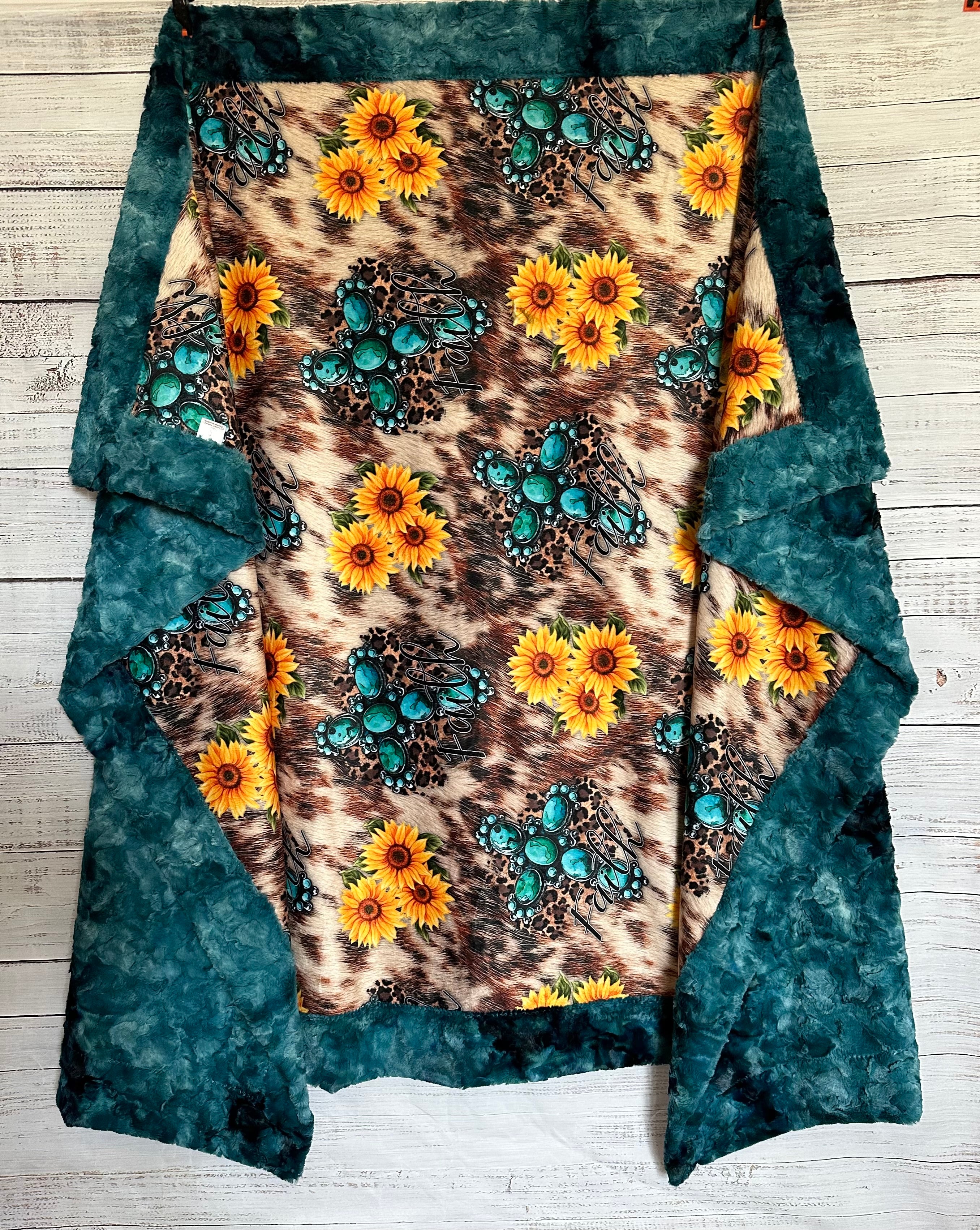 Turquoise Cross and Sunflowers on Mallard Luxe 55x80 Large Minky Blanket - Soft Cozy Throw for Bed, Sofa & Gift - Home Decor, Nursery, Dorm Room