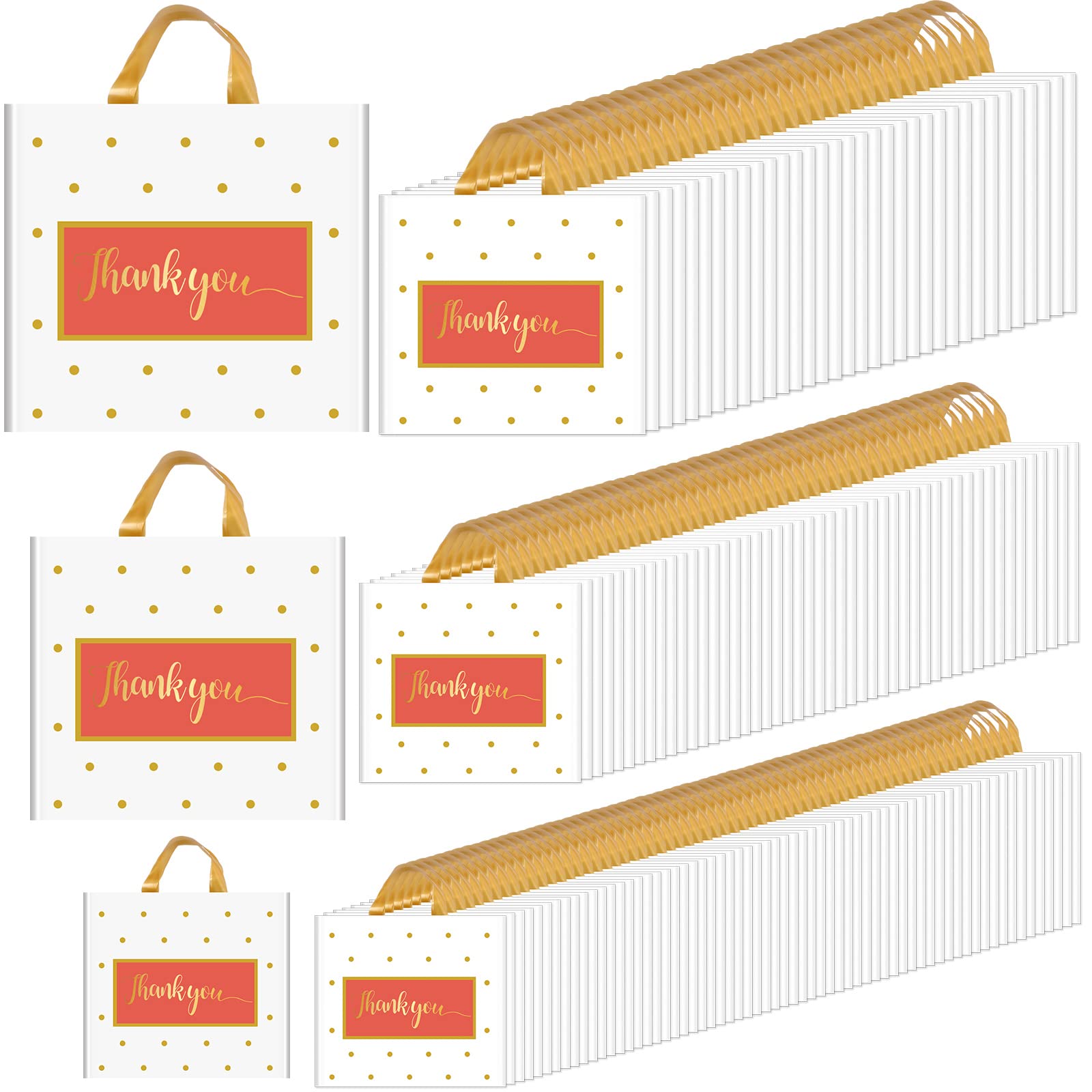 Gueevin 200 Pcs Bulk Thank You Gift Bags - Thick Plastic Retail Shopping Bags for Small Business (3 Sizes, White) - Perfect for Retail Stores, Boutiques, and Customer Appreciation Gifts