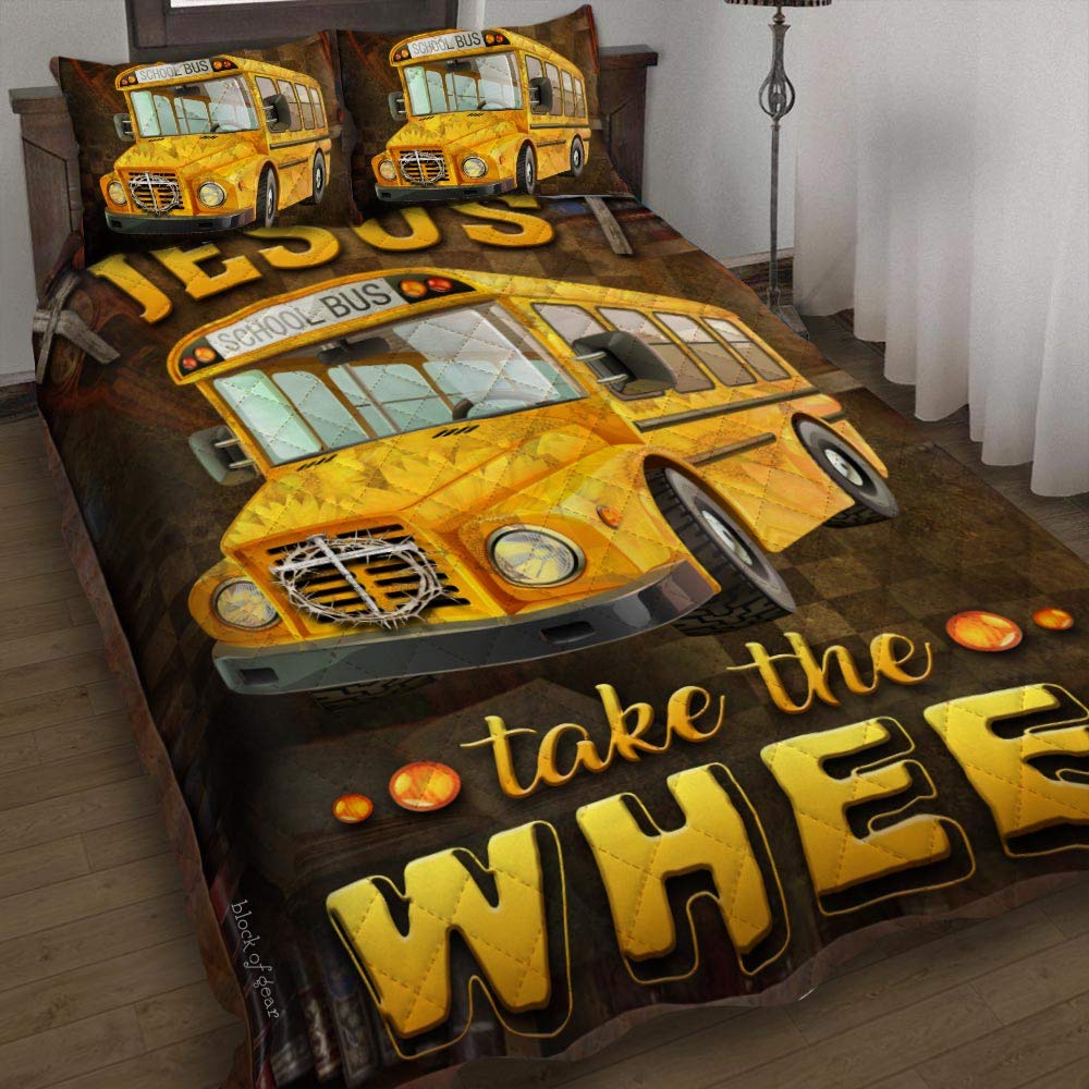 GEEMBI Quilt Bedding Set - Jesus Take The Wheel School Bus Design, All-Season Soft Microfiber Bedspread with Pillow Shams (Twin/Queen/King Size) - Perfect for Kids' Rooms, Dorm Decor & Cozy Gift Ideas