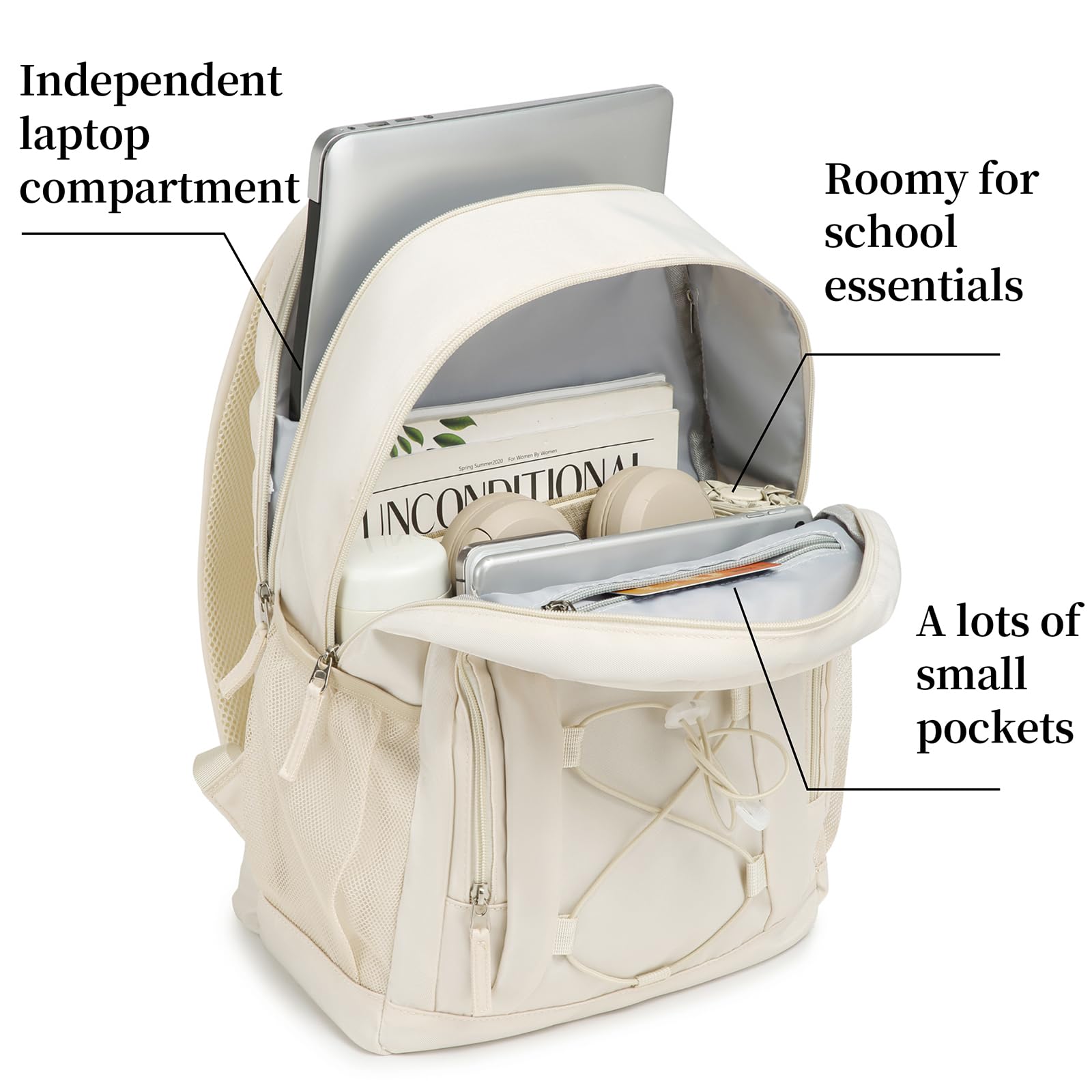 Stylish 15.6 Inch Laptop Backpack for Teen Girls & Women - Trendy School Bookbag for College, High School & Travel - Perfect Gift Idea (Beige) | Ideal for Daily Commute, Campus Life & Weekend Getaways