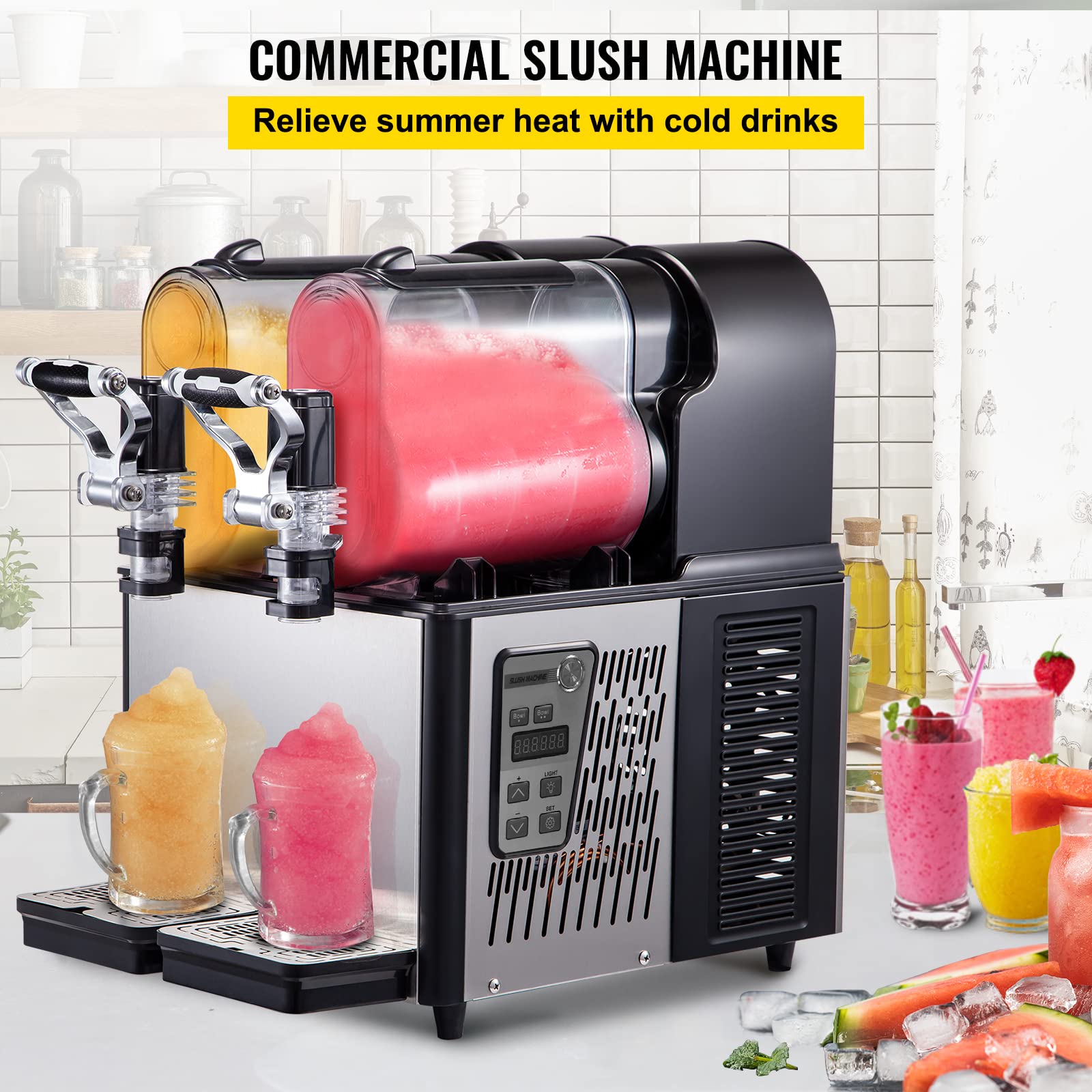 VEVOR 3Lx2Tank Commercial Slushy Machine - 370W Frozen Drink Maker for Home, Cafes & Restaurants | Automatic Cleaning | Perfect for Parties, Events & Business Use
