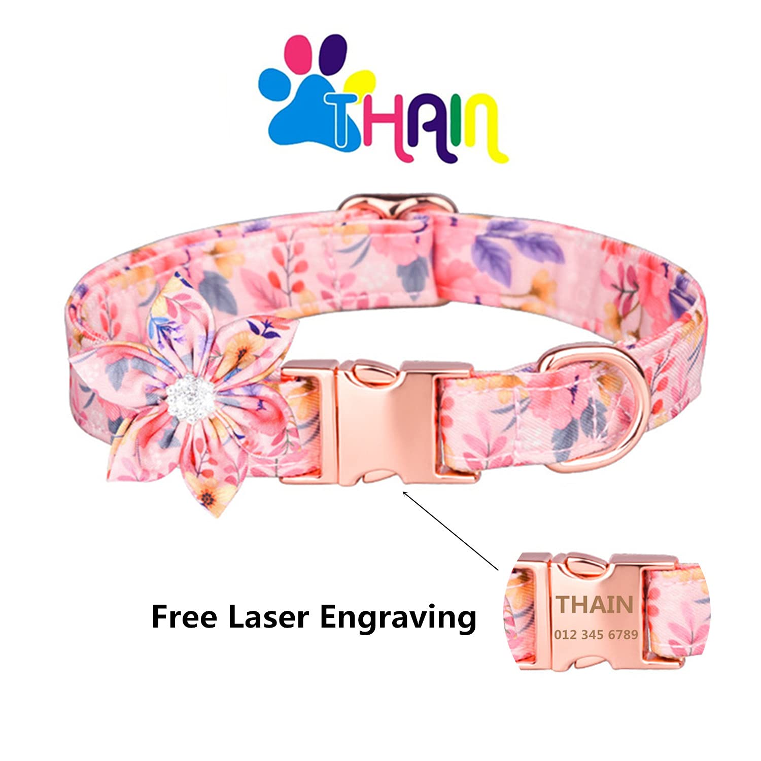 Custom Personalized Floral Dog Collar for Female Dogs - Engraved Name, Rose Gold Buckle, Adjustable (12.2-19.6