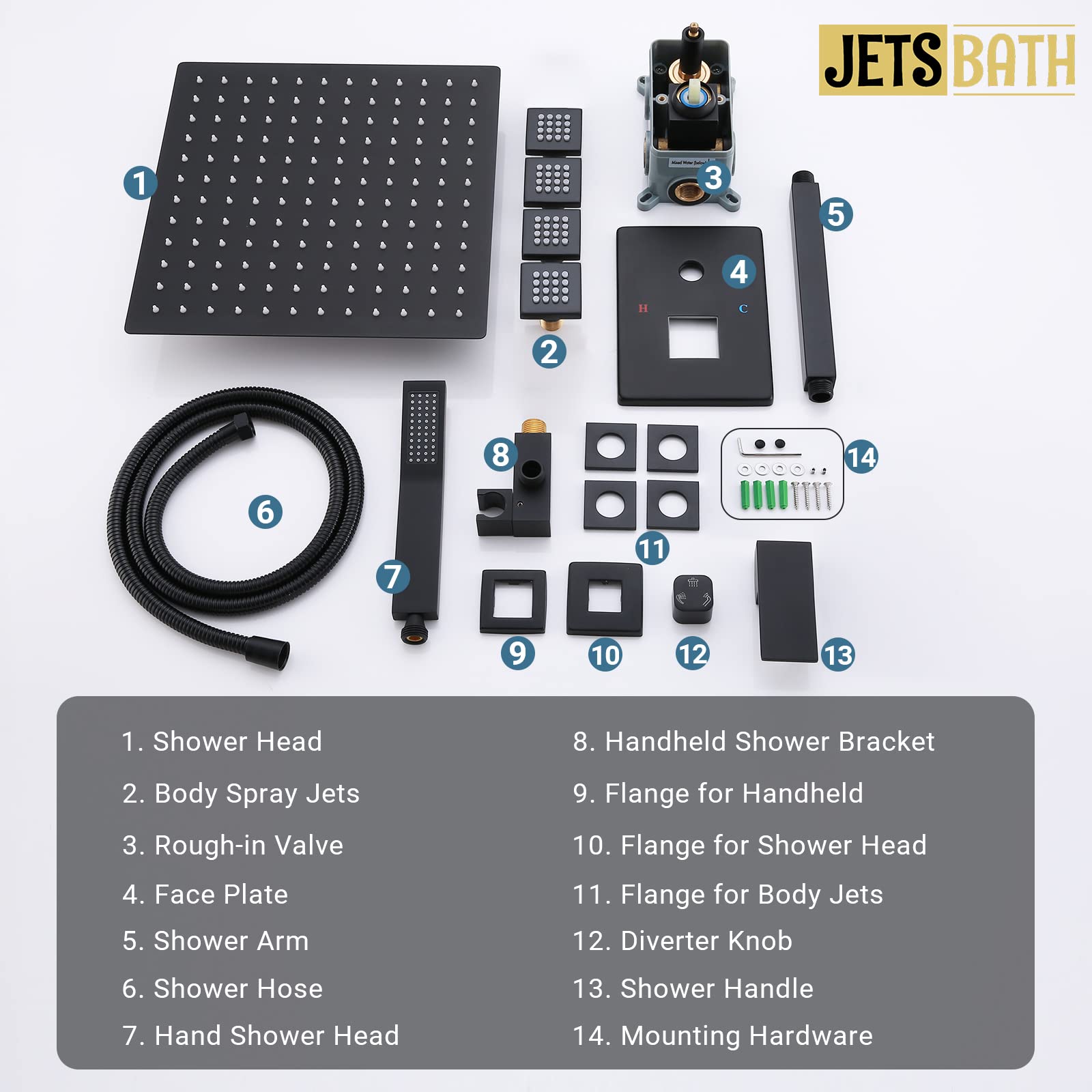 JetsBath 12'' Ceiling Rain Shower System with Handheld Shower Head - Matte Black Full Body Shower Set with Adjustable Spray Jets (JB3412C-MB) - Perfect for Luxurious Spa-Like Bathroom Experience and Modern Home Renovation