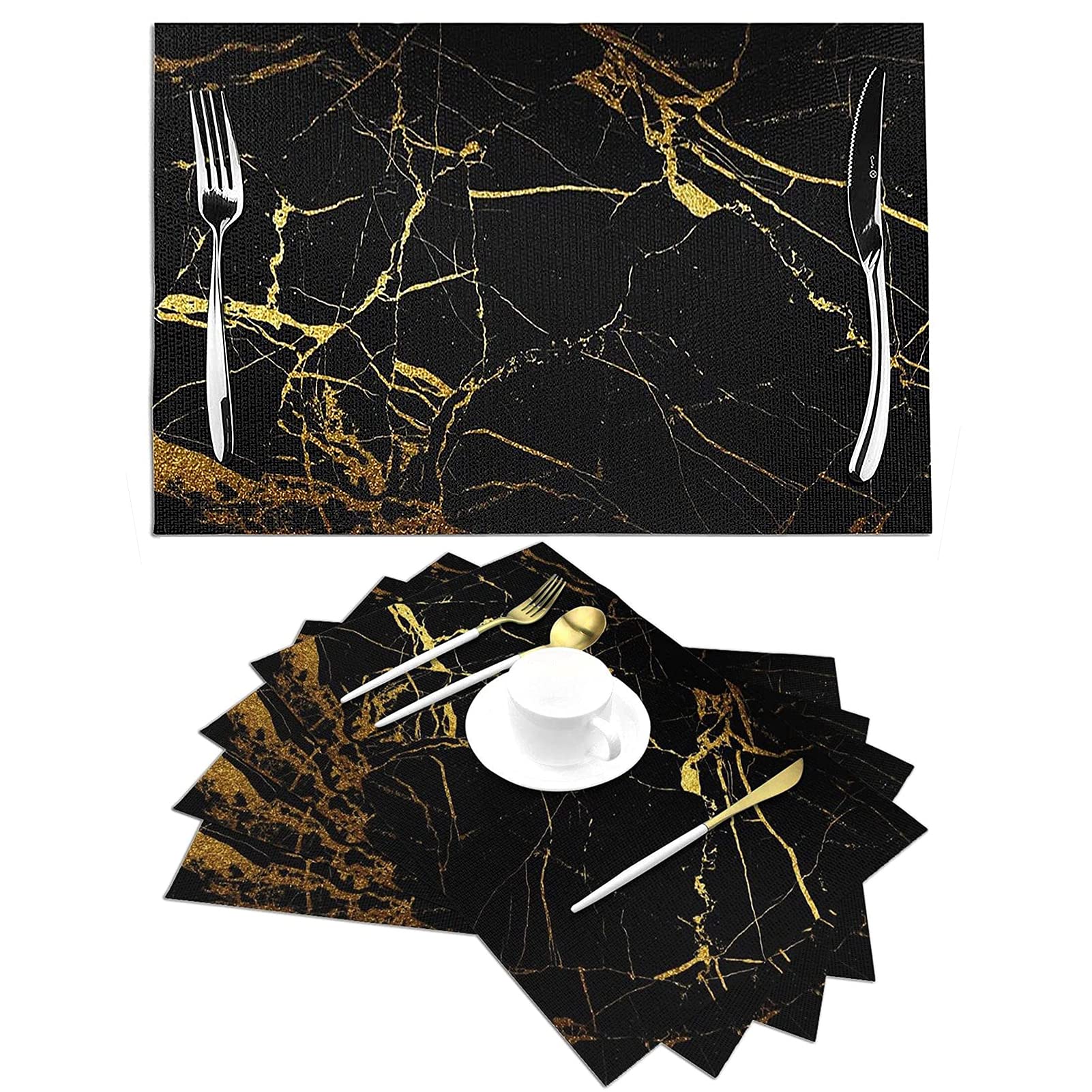 Premium Black Gold Marble Placemats Set of 4 - Heatproof Non-Slip Vinyl Place Mats for Dining & Kitchen Tables - Washable Woven Table Mats for Everyday Use, Dinner Parties & Holiday Decor