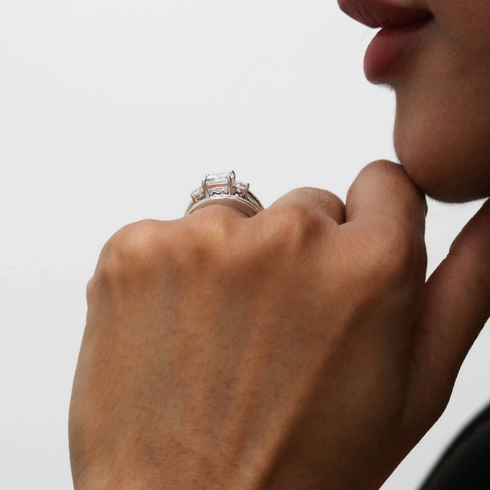 BERRICLE Sterling Silver 3-Stone Wedding Engagement Ring Set for Women - 2.1 Carat Emerald Cut Cubic Zirconia CZ, Rhodium Plated, Size 4-10 | Elegant Bridal Jewelry for Proposals, Anniversaries & Special Occasions