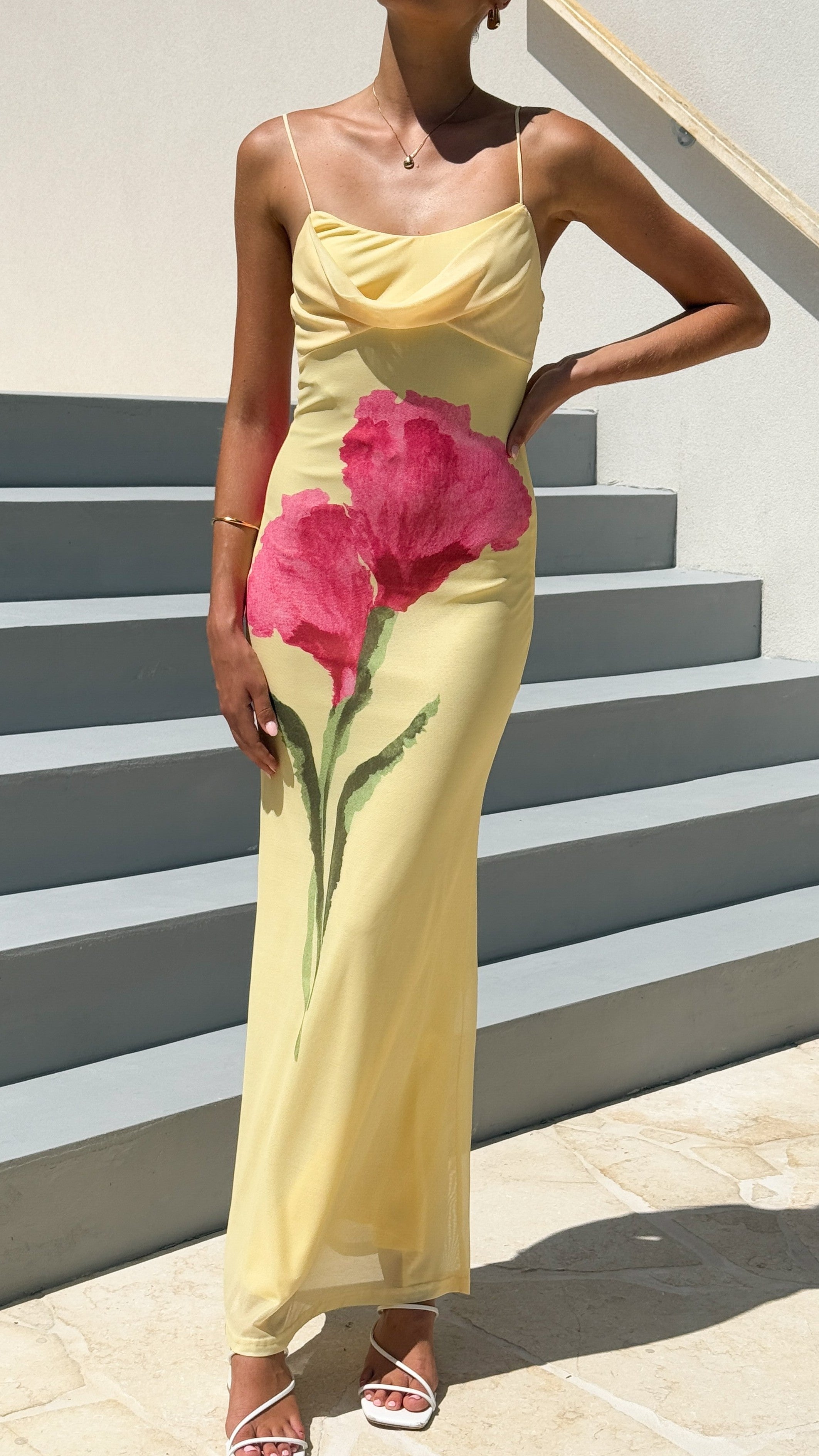 Kiaya Women's Maxi Dress - Floral Print Long Summer Dress with Side Slits, Yellow/Blossom | Perfect for Beach Vacation, Garden Party & Casual Outings