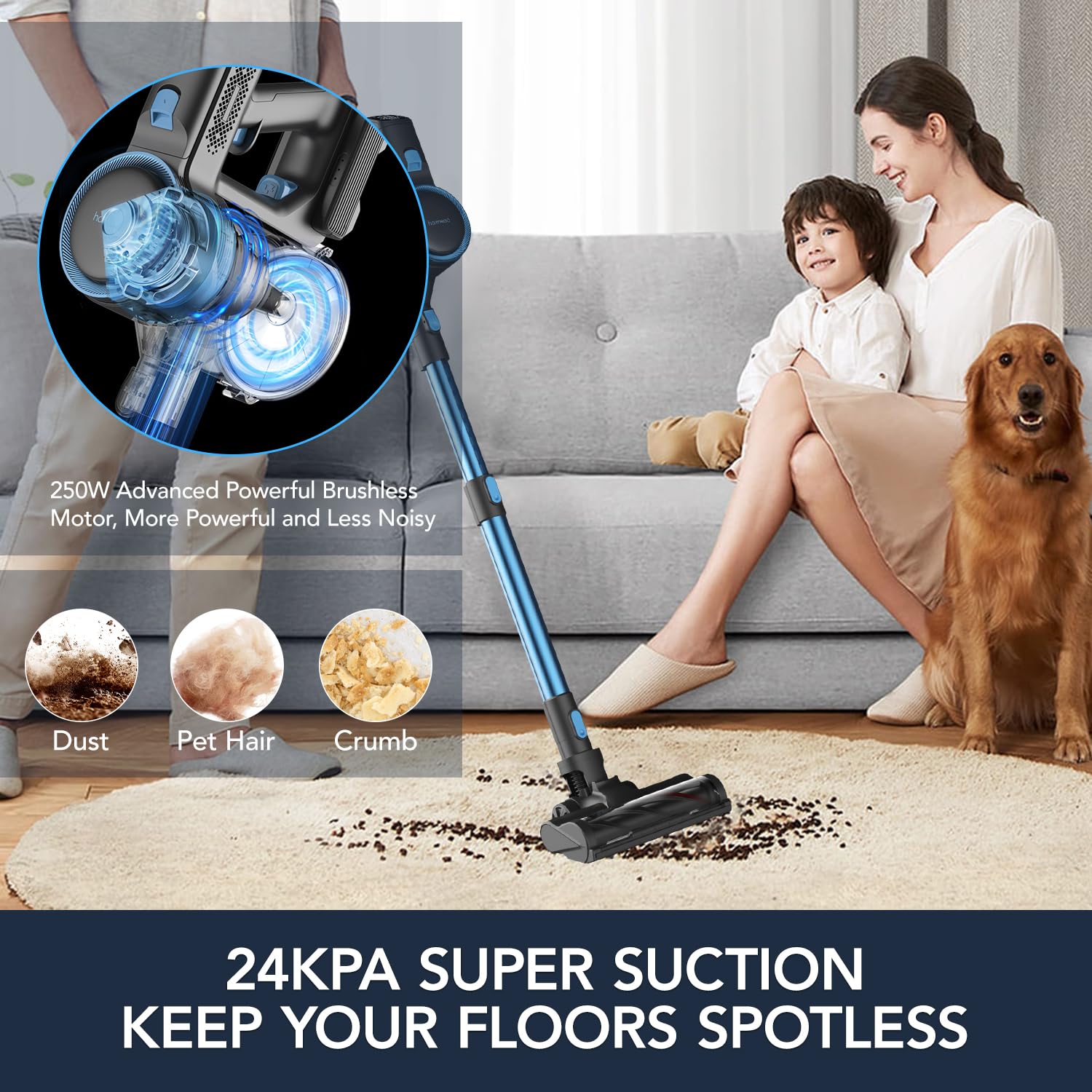 Powerful 24000PA Cordless Stick Vacuum Cleaner with Touchscreen Display - Rechargeable, Lightweight, Up to 50 Min Runtime - Perfect for Carpets, Hard Floors & Pet Hair (Model C2) | Ideal for Home Cleaning, Car Detailing & Pet Owners