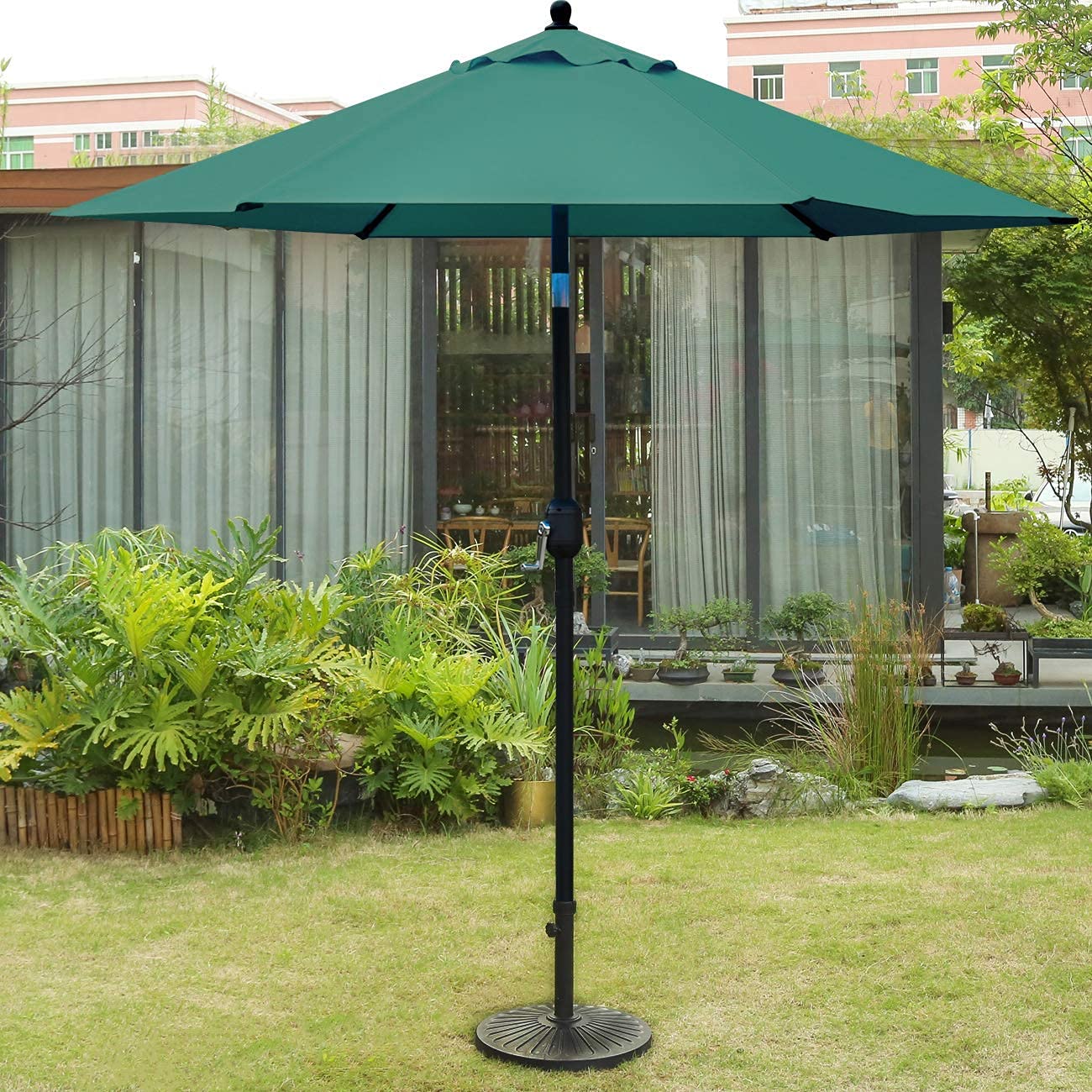 Sunnyglade 7.5 Foot Outdoor Patio Umbrella with 6 Ribs - Heavy Duty Dark Green Cantilever Umbrella for Garden, Pool & Backyard | Includes 18 Inch 30.2 lbs Bronze Weighted Base for Stability - Perfect for Outdoor Dining, Lounging and Shade Protection