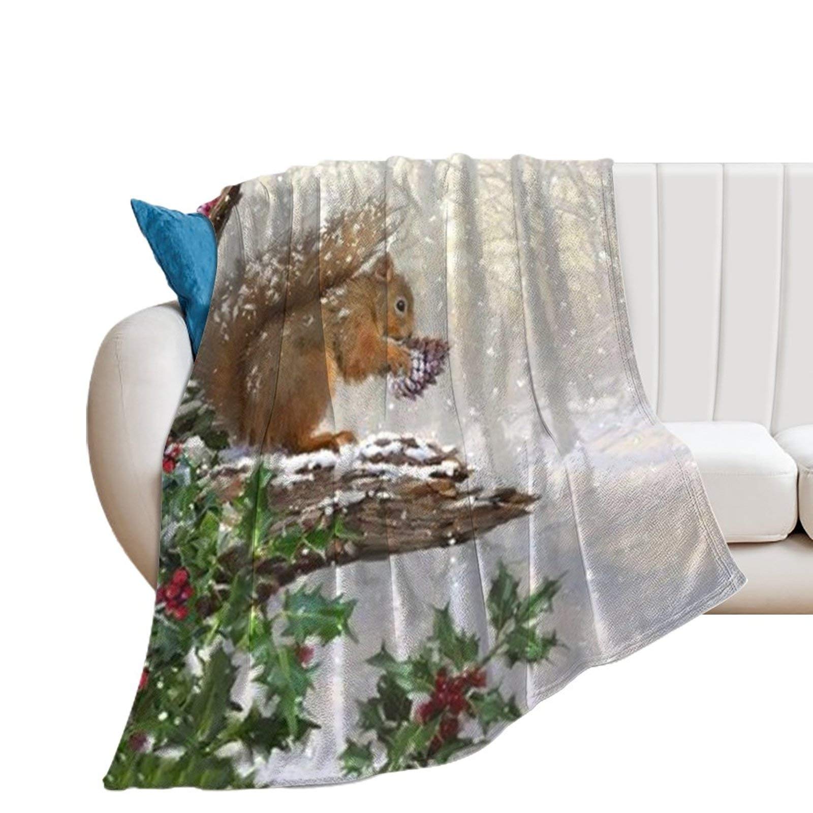 Soft Flannel Fleece Throw Blanket - 60 x 80 Inches Cozy Yoga Blanket with Christmas Squirrel Holly Pattern - Perfect for Sofa, Bed, Air-Conditioned Rooms & Holiday Decor