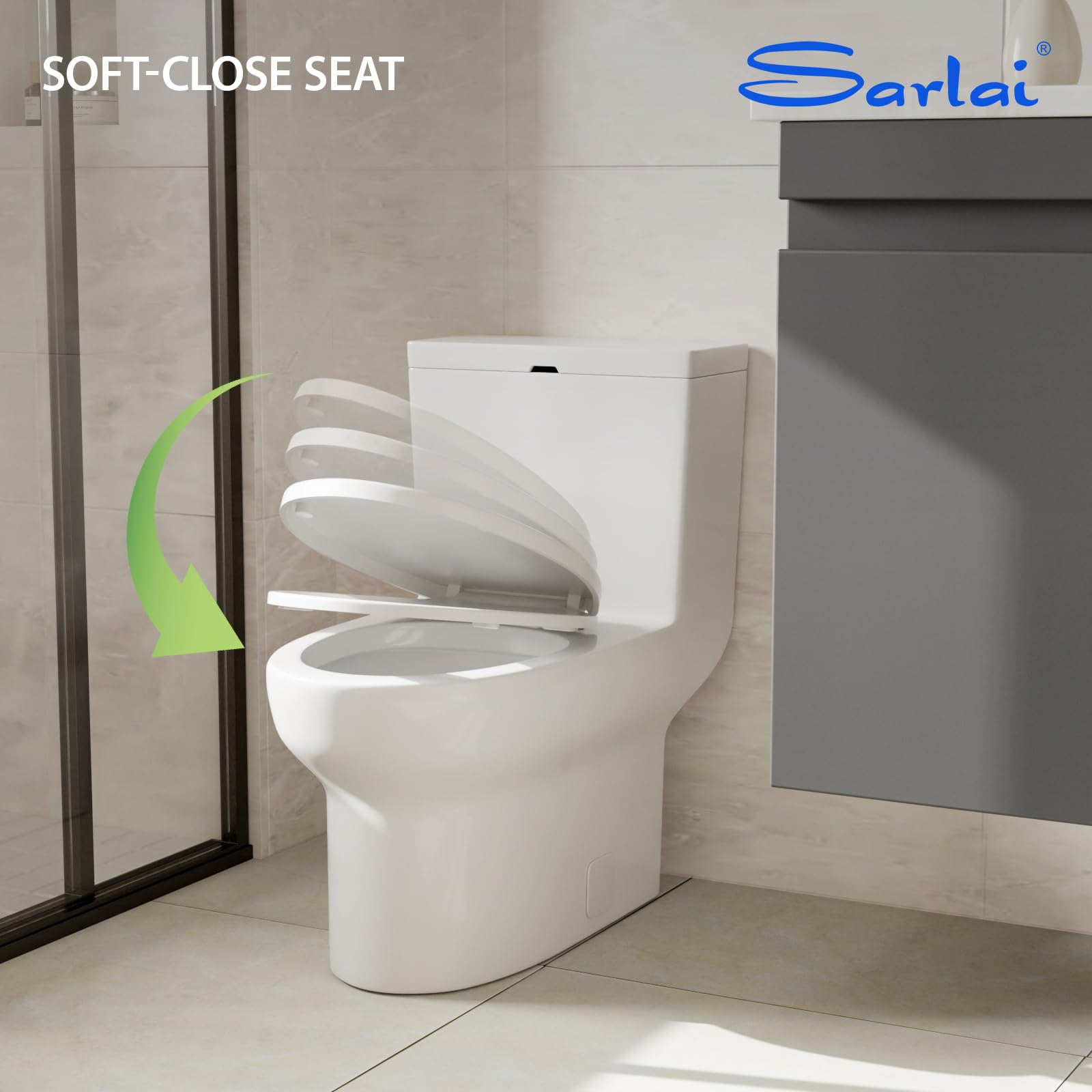 Modern White Ceramic One Piece Toilet - Comfort Height Elongated Round Bowl, Single Flush, 12