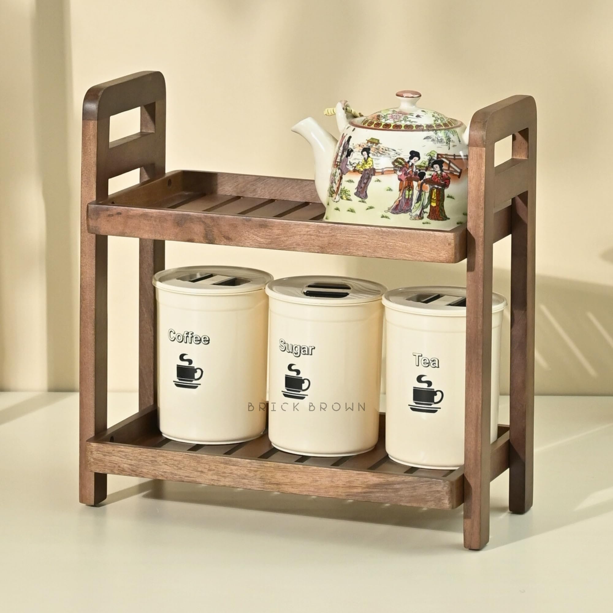 Premium Cocoa Brown Wooden 2-Tier Kitchen Organizer Stand - Free Standing Display Shelf for Snacks, Fruits & Desserts - Mahogany Finish DIY Serving Tray for Dining Room, Pantry & Countertop Organization
