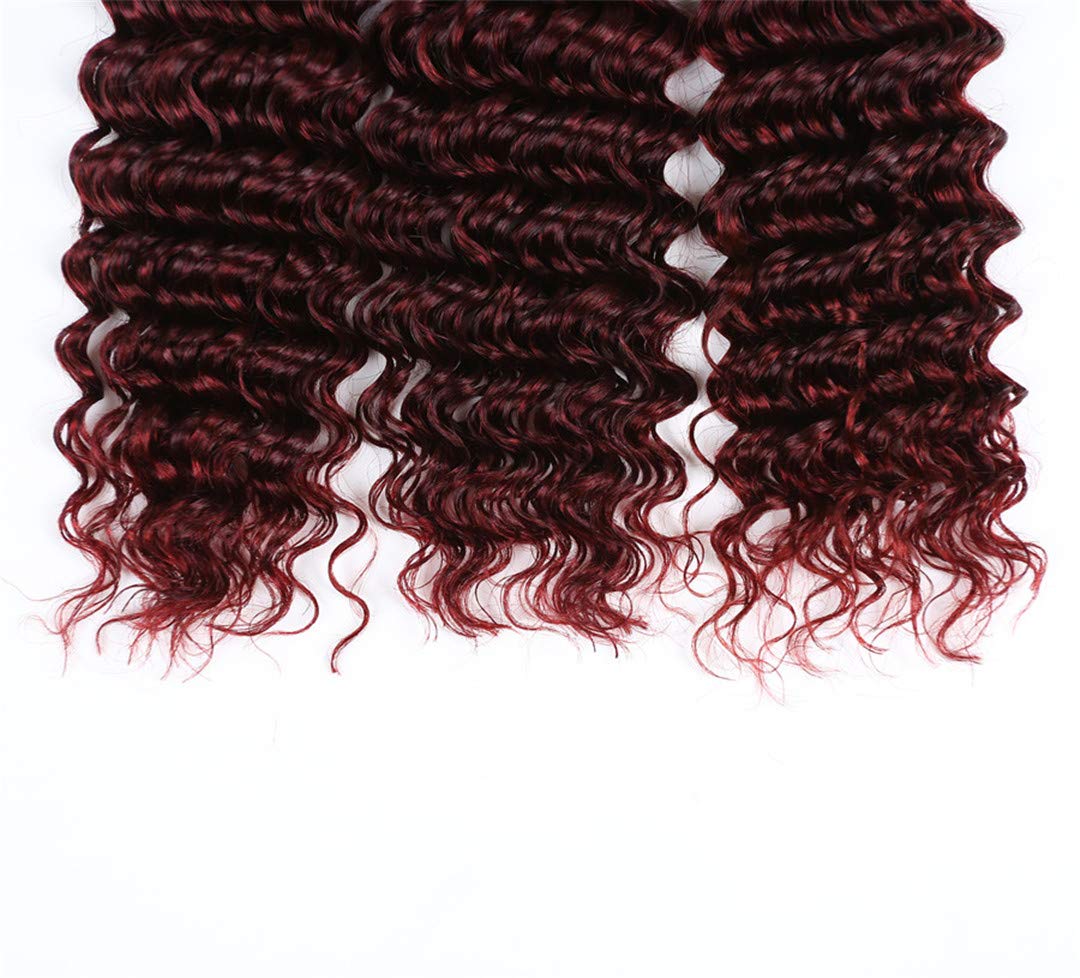 Burgundy Deep Wave Brazilian Virgin Human Hair Weft #99J - 14 16 18 Inch Deep Curly Hair Bundles with 4x4 Lace Closure (Wine Red, Double Weft) for Sew-in Weave, Wig Making & Styling - 100% Human Hair Extensions for Natural Look
